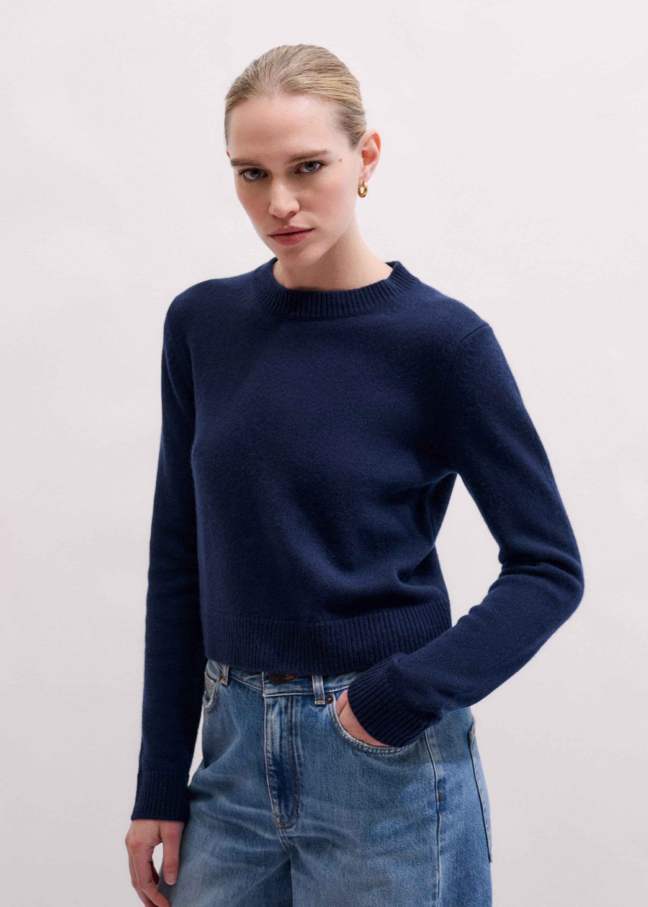 Navy Cashmere Crew Neck Crop Sweater