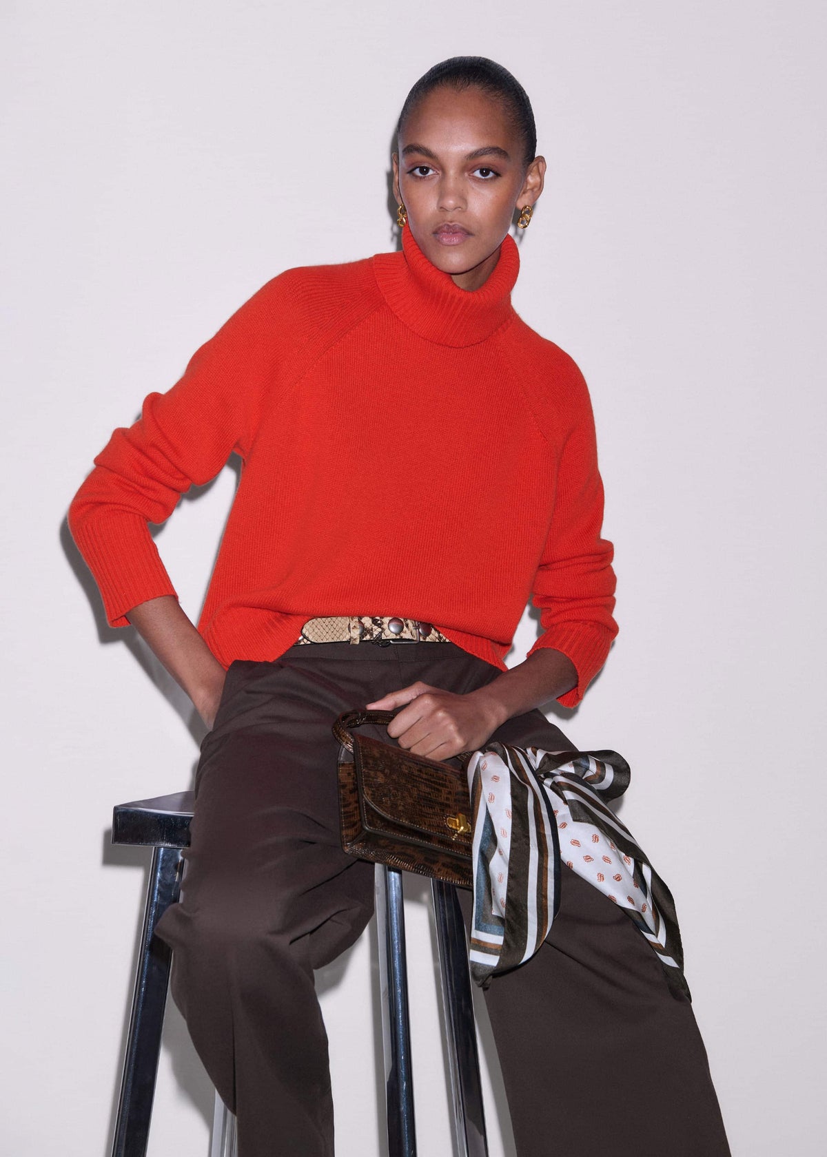 Red Cashmere Curved Hem Raglan Sweater + Snood