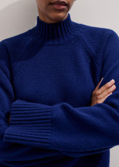 Blue High Neck Relaxed Raglan Sweater