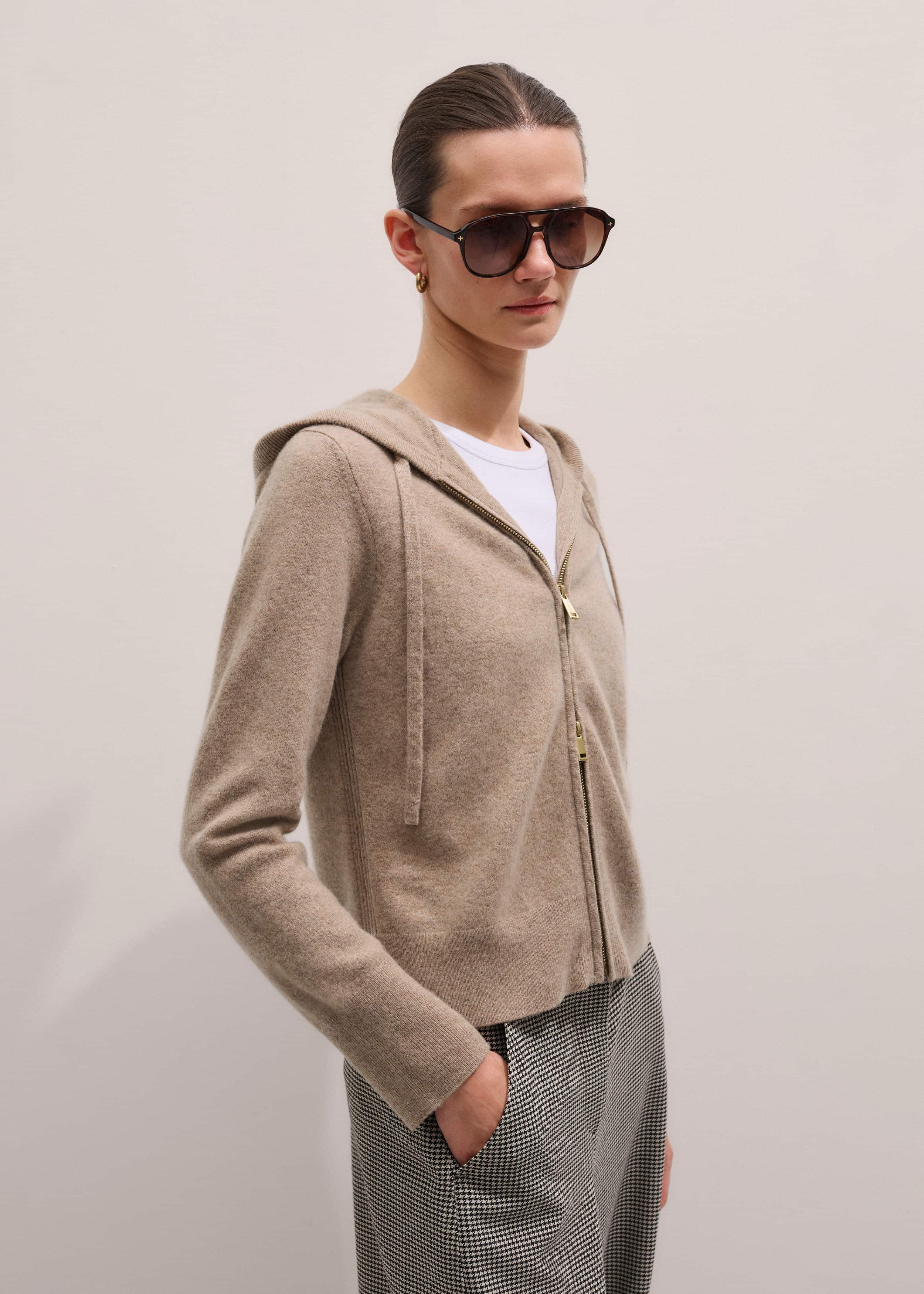 Light Brown Cashmere Two-Way Zip Straight Hoodie