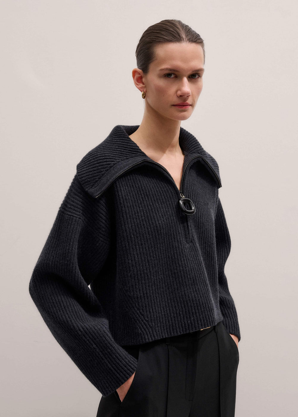Grey Relaxed Fly Neck Zip Jumper
