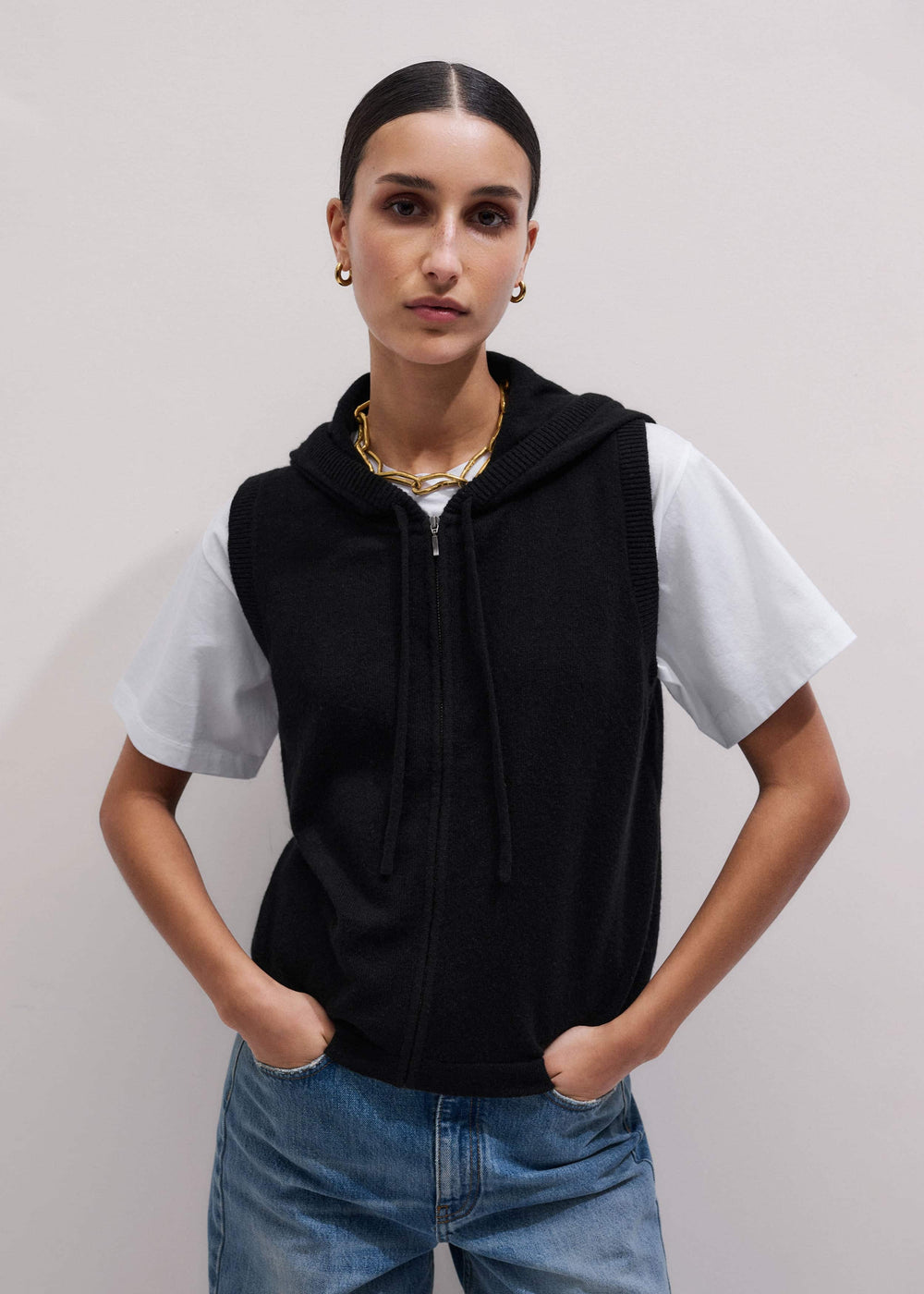 Black Cashmere Sleeveless Relaxed Zip Hoodie