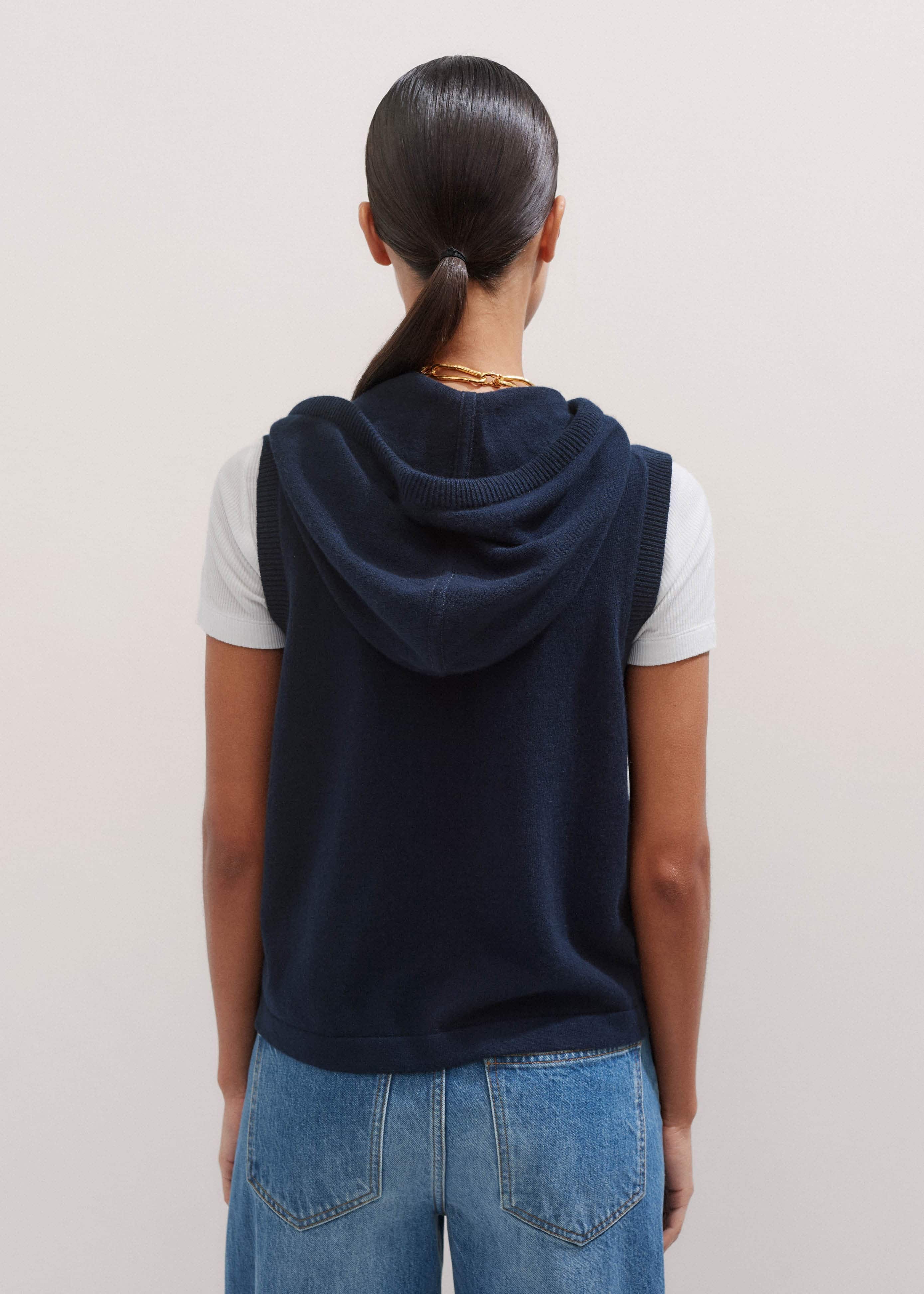 Navy Icon Cashmere Sleeveless Blazer Hoodie | Knitwear