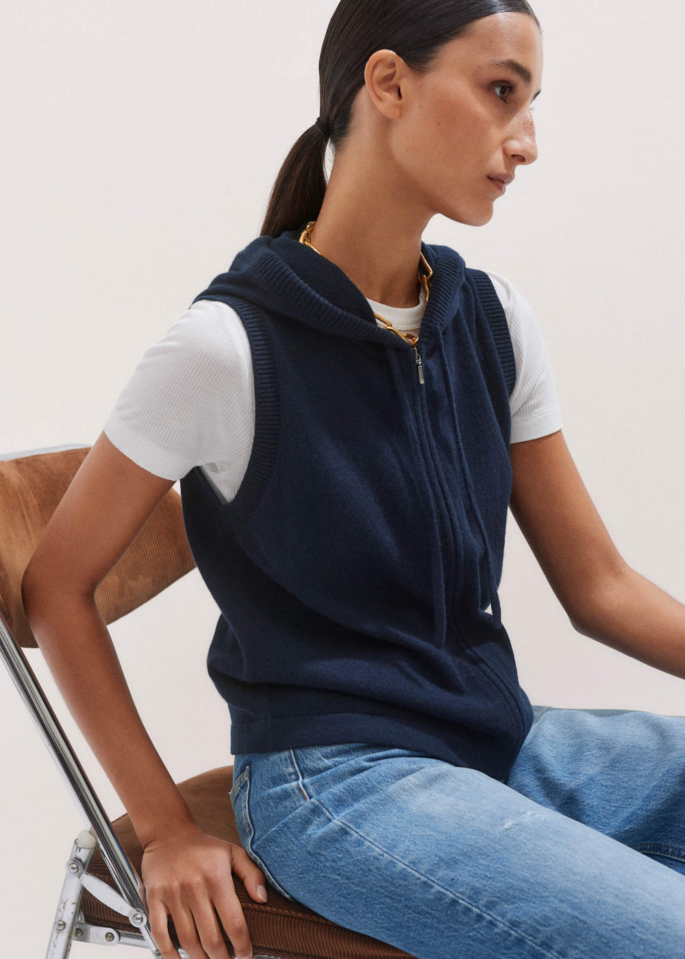 Navy Icon Cashmere Sleeveless Blazer Hoodie | Knitwear