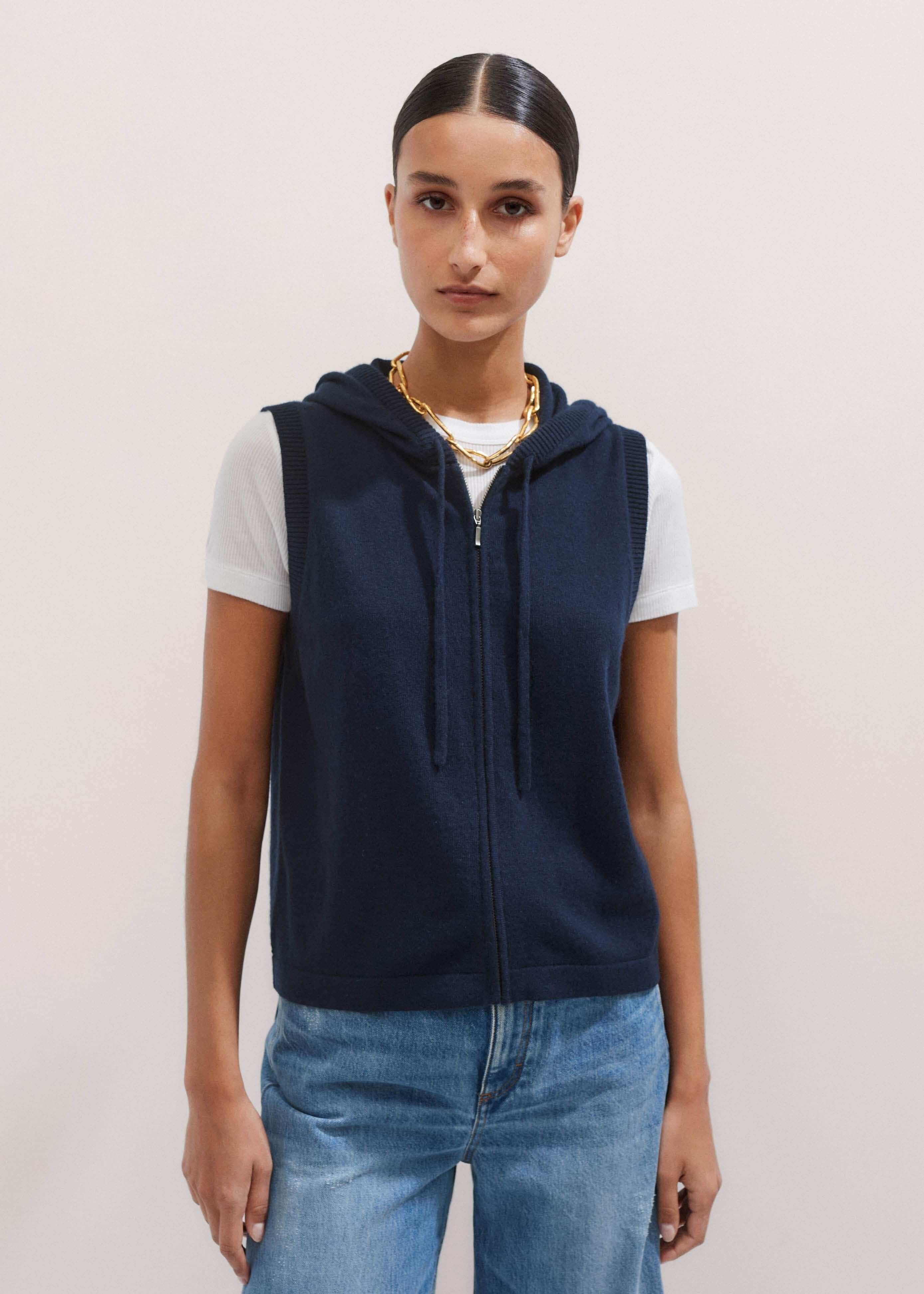Navy Icon Cashmere Sleeveless Blazer Hoodie | Knitwear