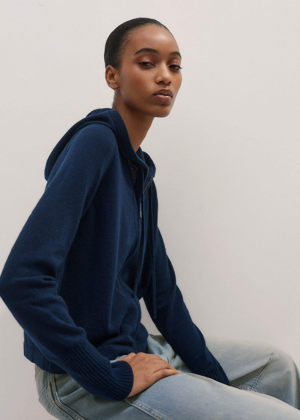 Navy Cashmere Relaxed Fit Box Zip Hoodie