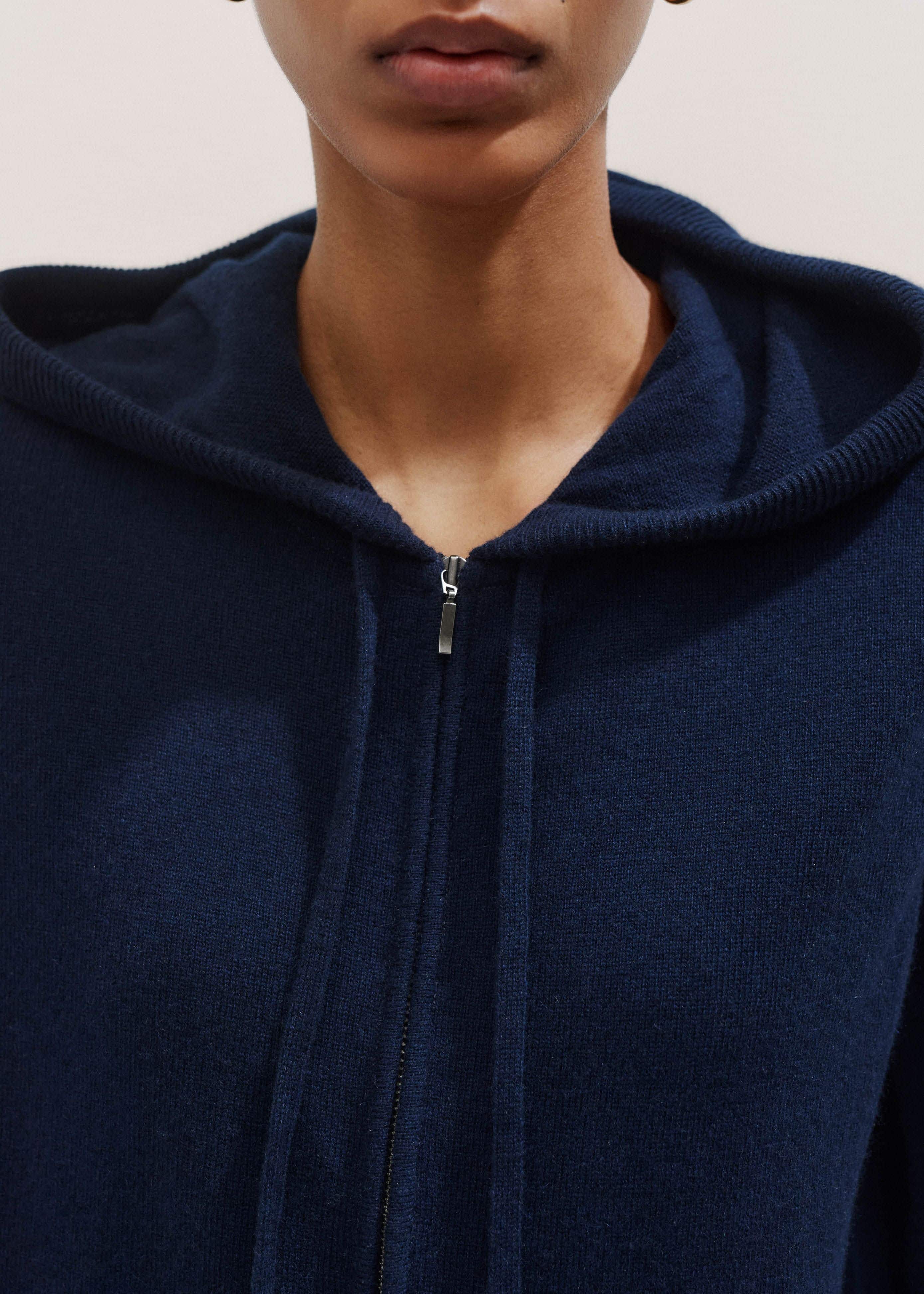 Navy Cashmere Relaxed Fit Box Zip Hoodie