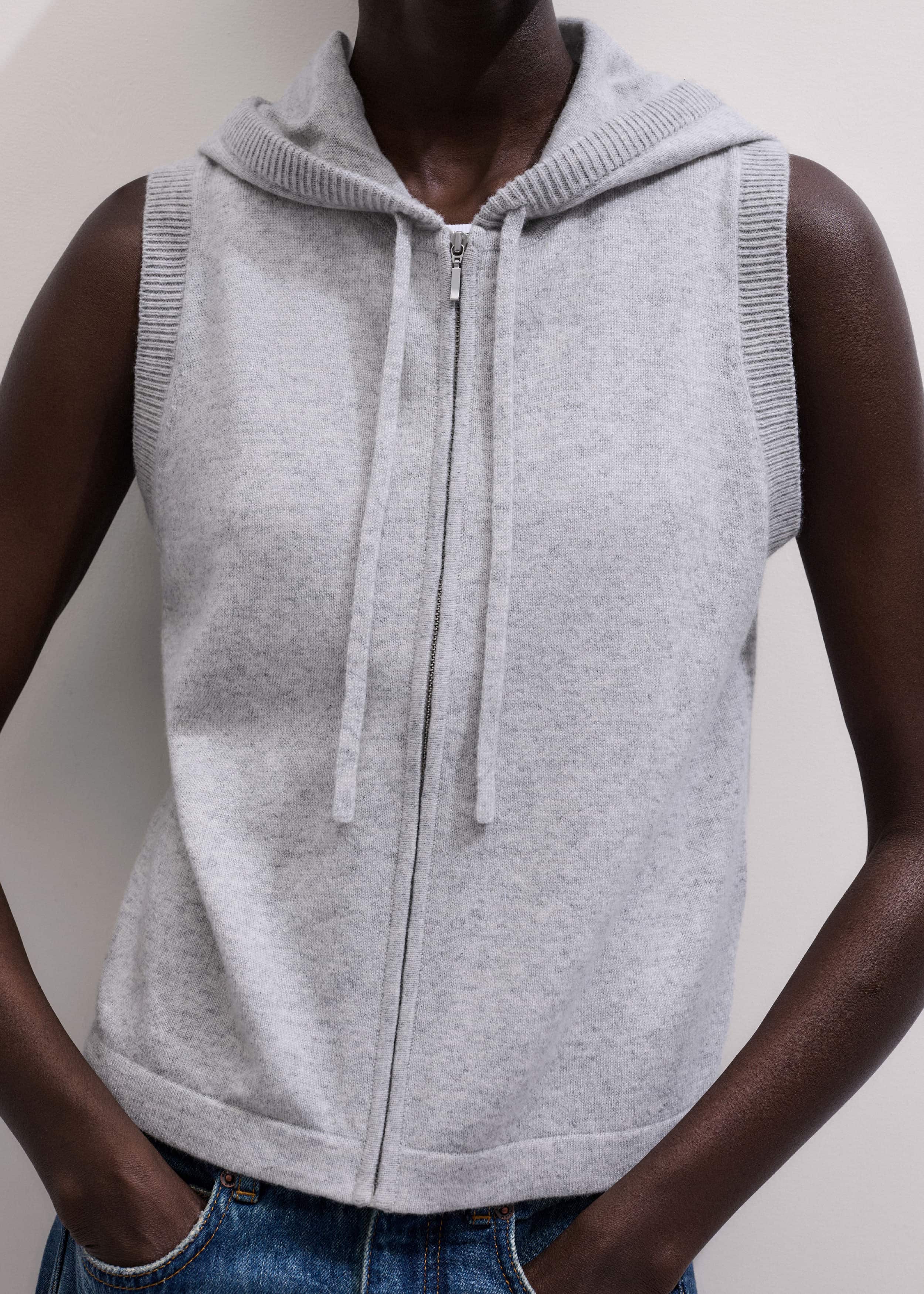 Gray Cashmere Sleeveless Relaxed Zip Hoodie