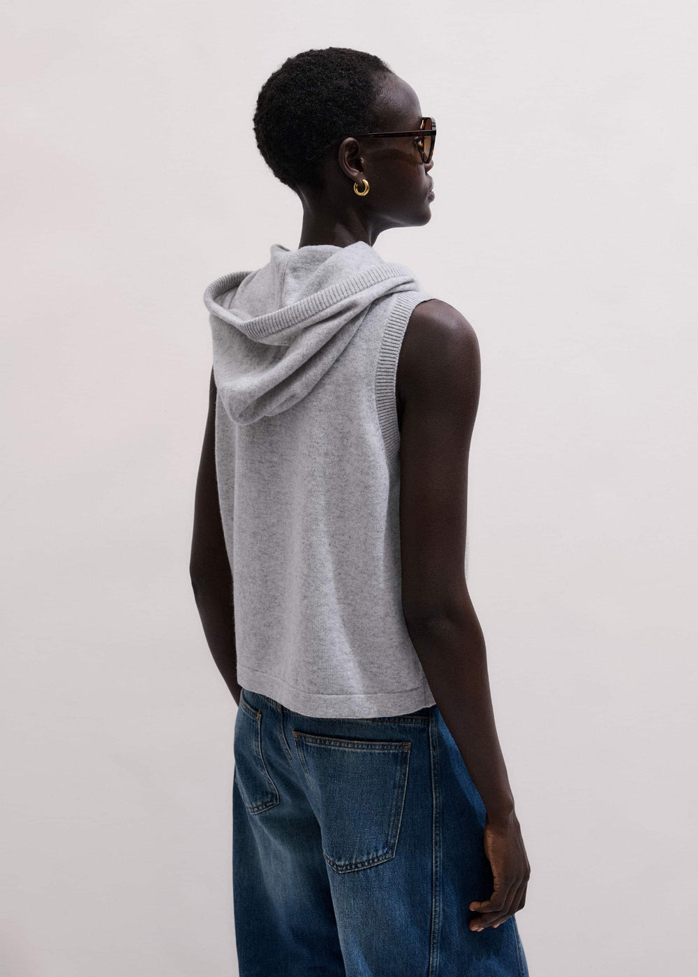 Gray Cashmere Sleeveless Relaxed Zip Hoodie