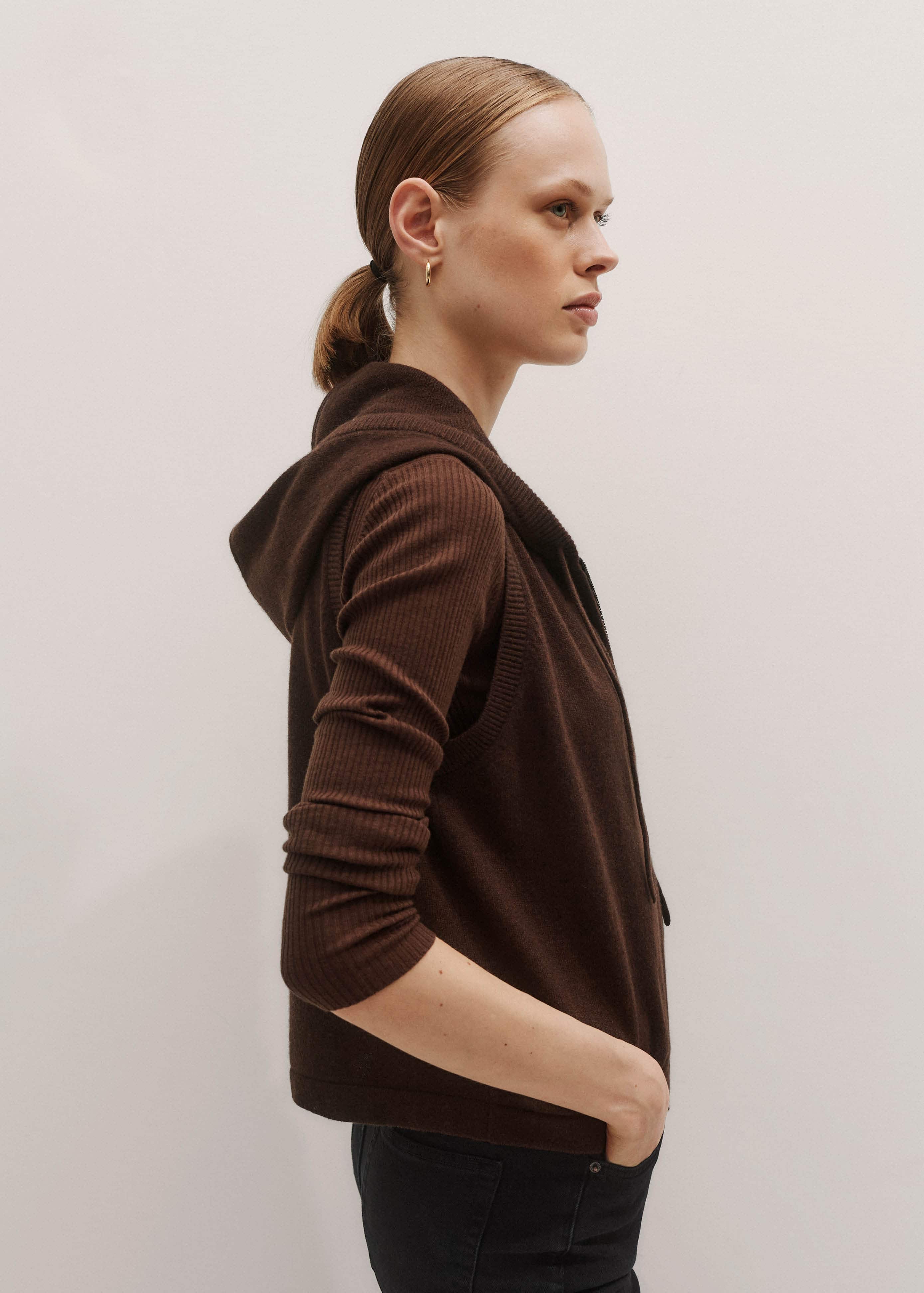 Brown Cashmere Sleeveless Relaxed Zip Hoodie