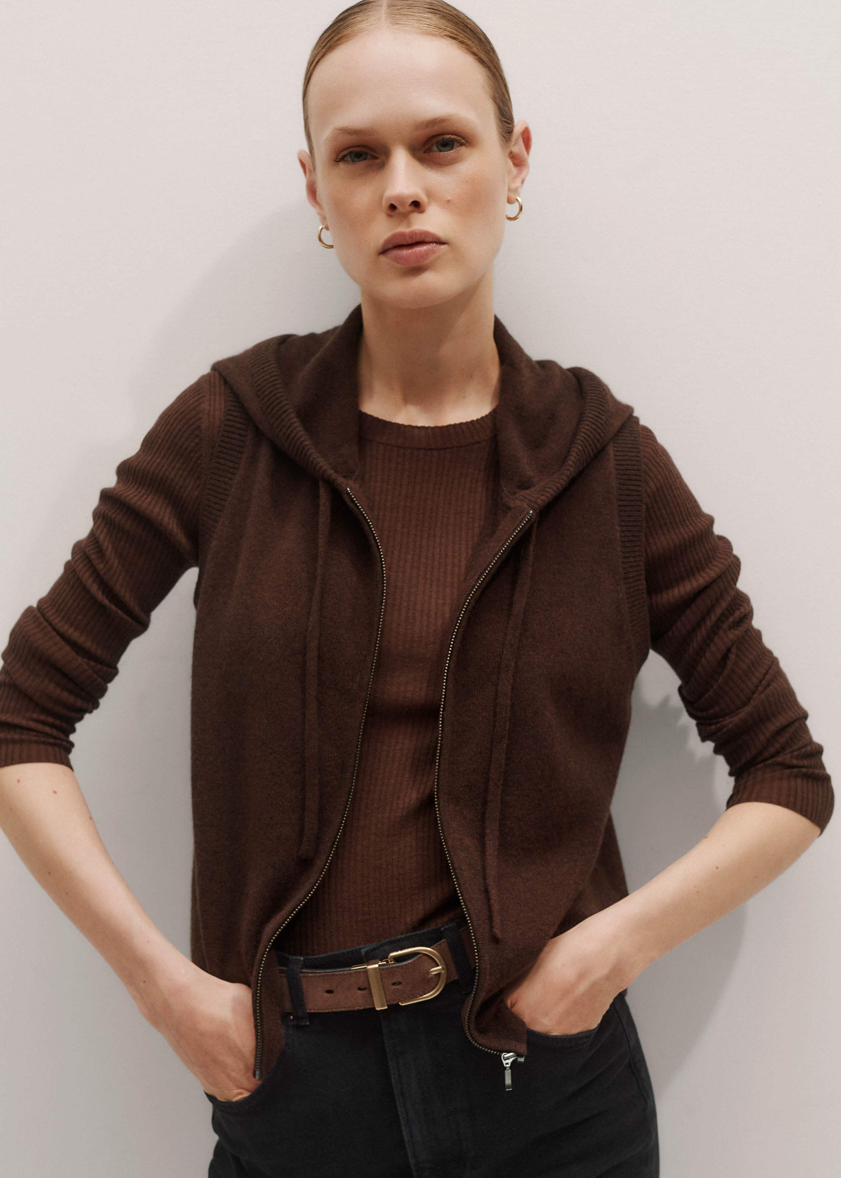 Brown Cashmere Sleeveless Relaxed Zip Hoodie