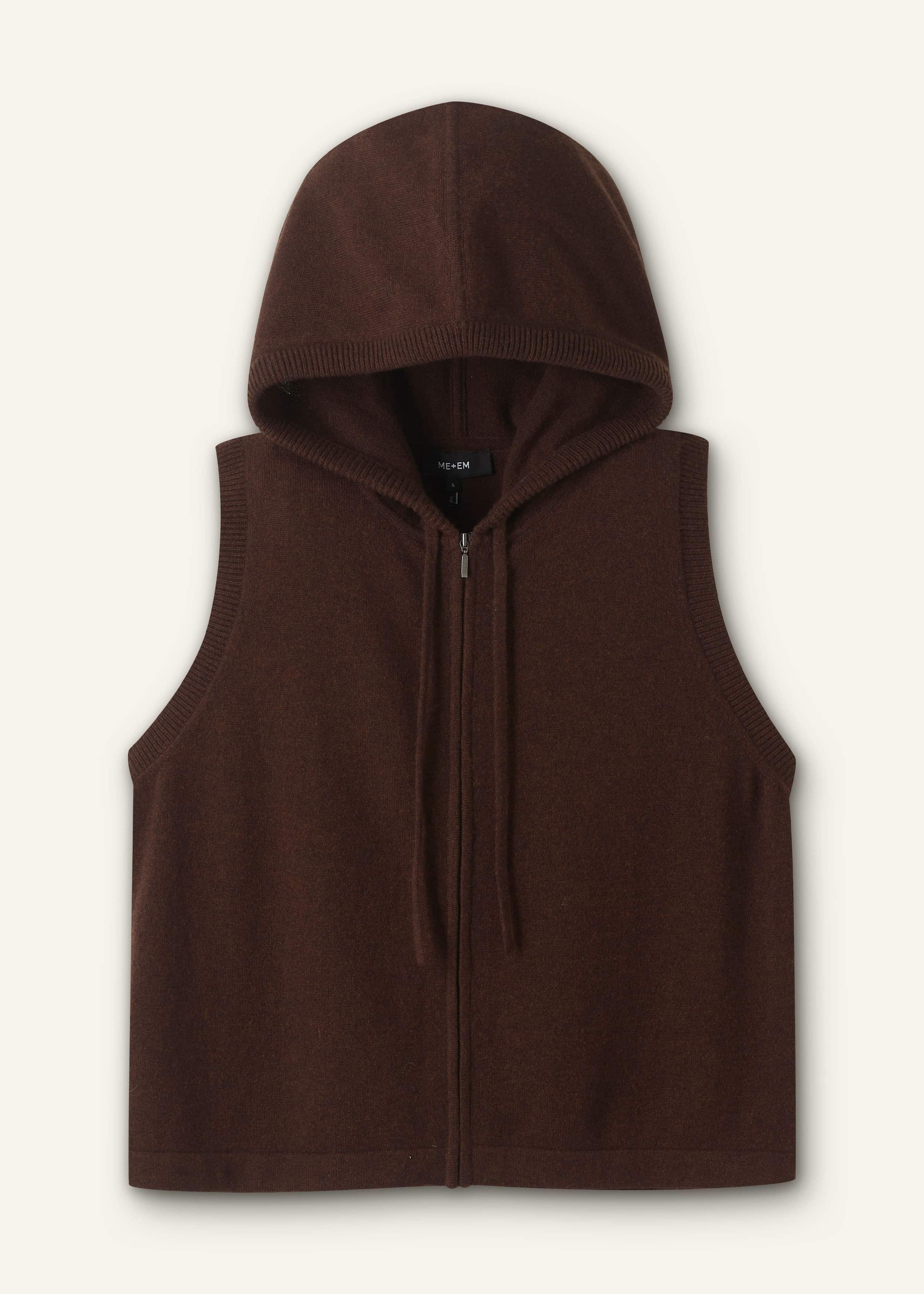 Brown Cashmere Sleeveless Relaxed Zip Hoodie