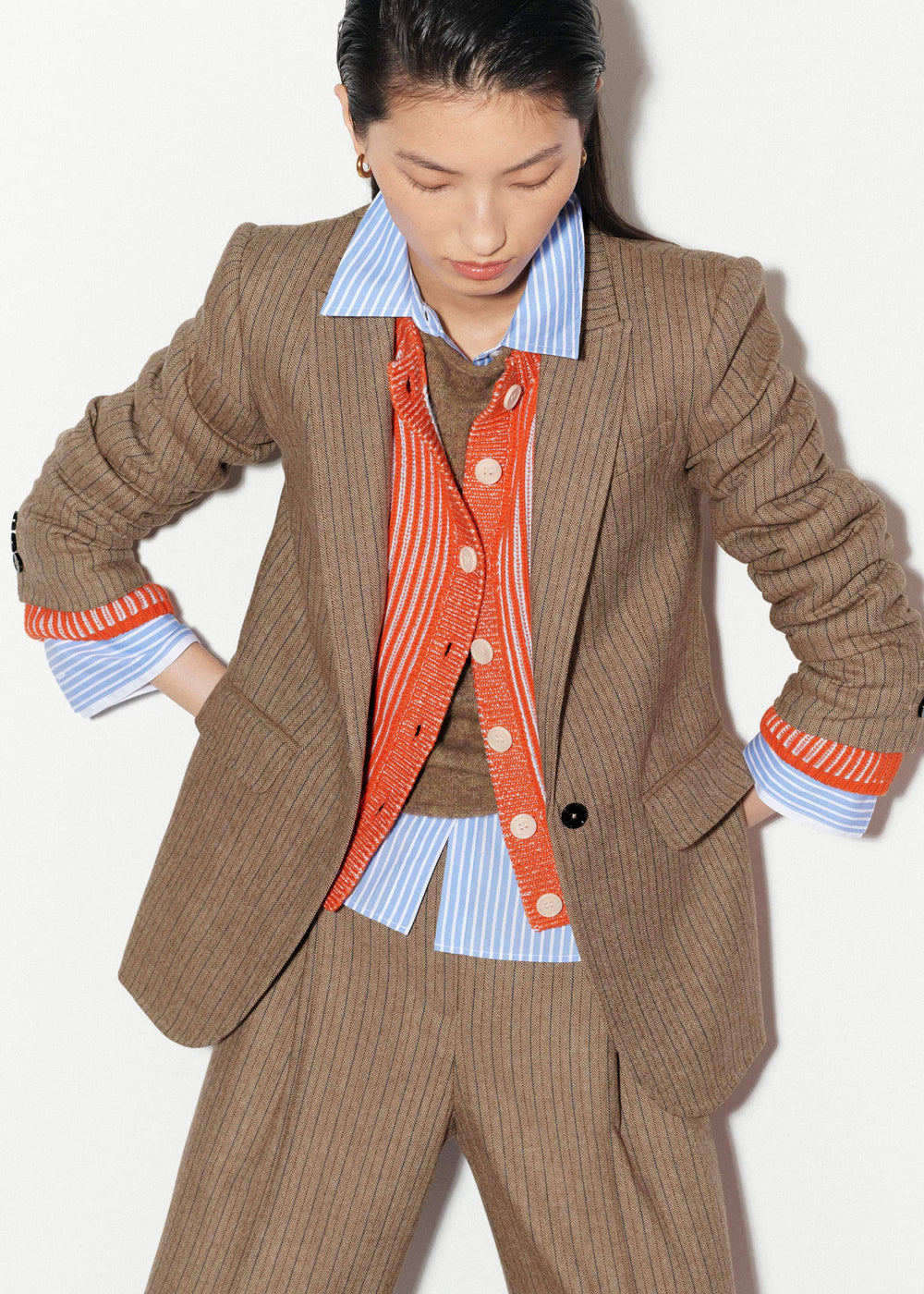 Orange Contrast Rib Straight Cardigan