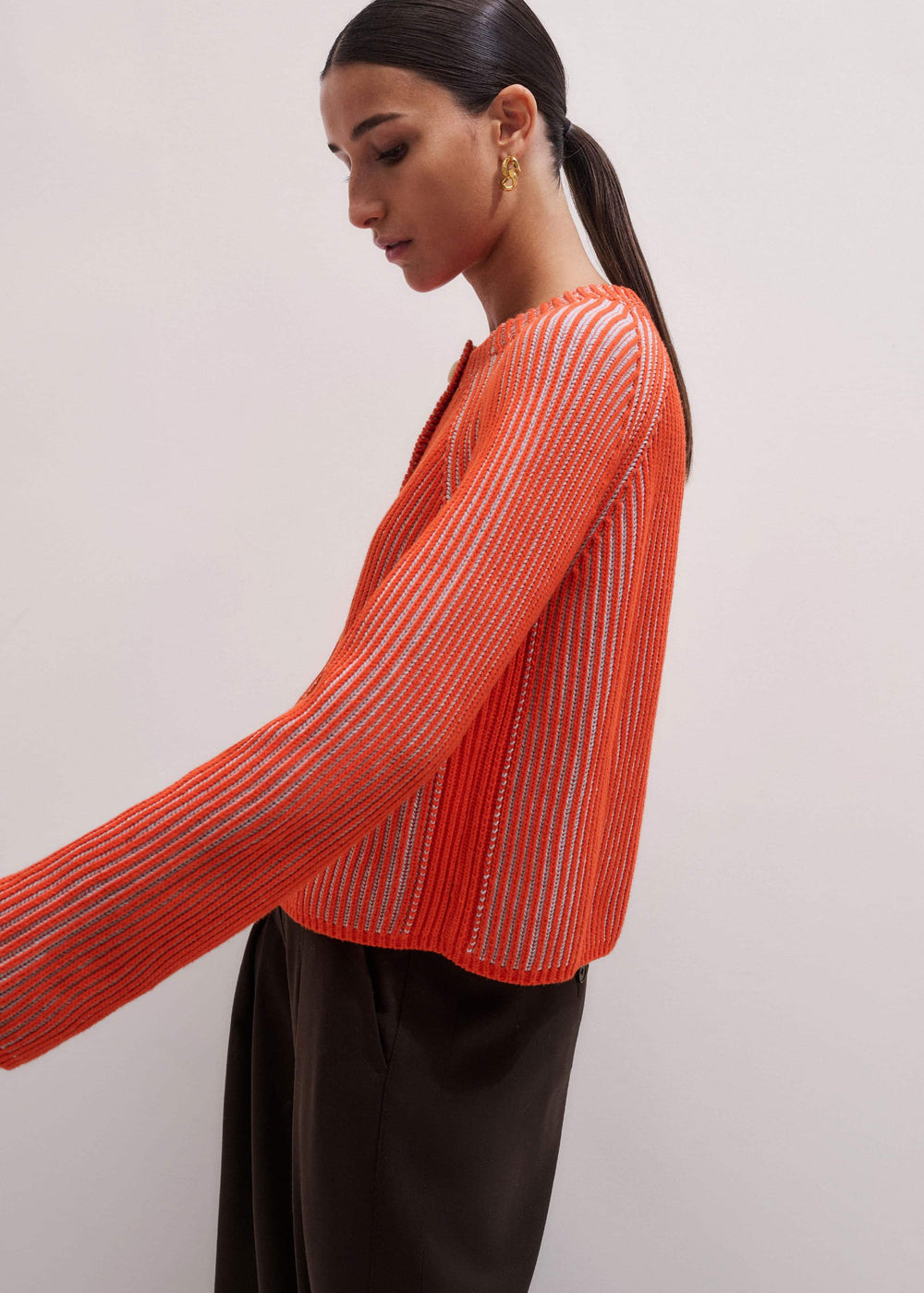 Orange Contrast Rib Straight Cardigan