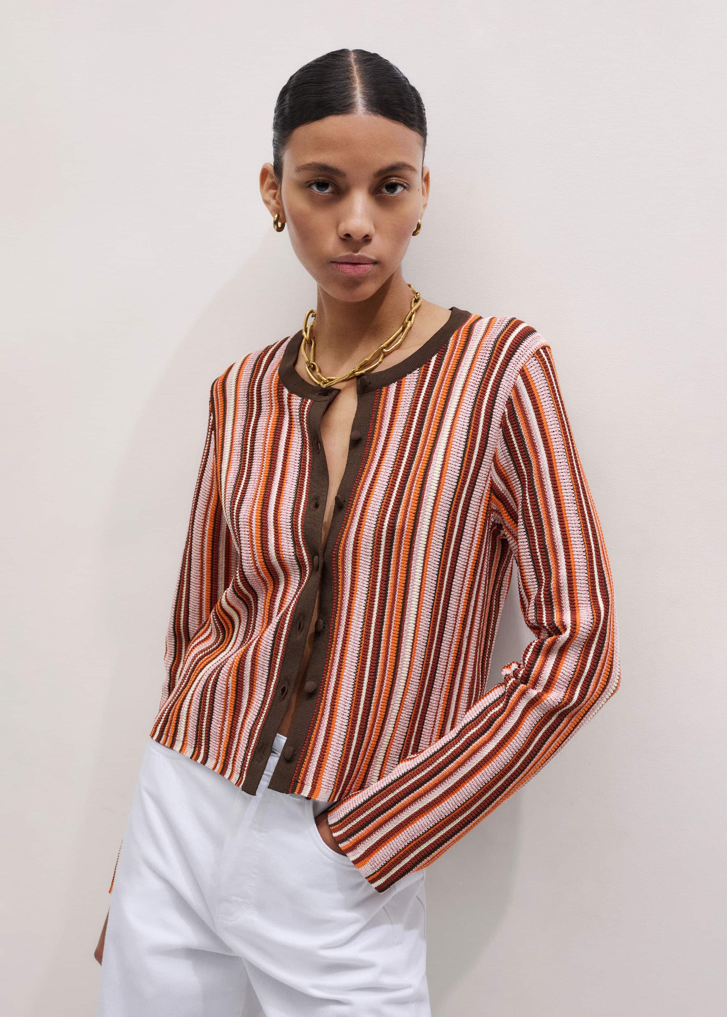 Cinnamon Brown Metallic Stripe Cardigan