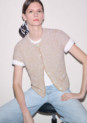 Cream Tweed Knit Pouf Shoulder Textured Crop Jacket