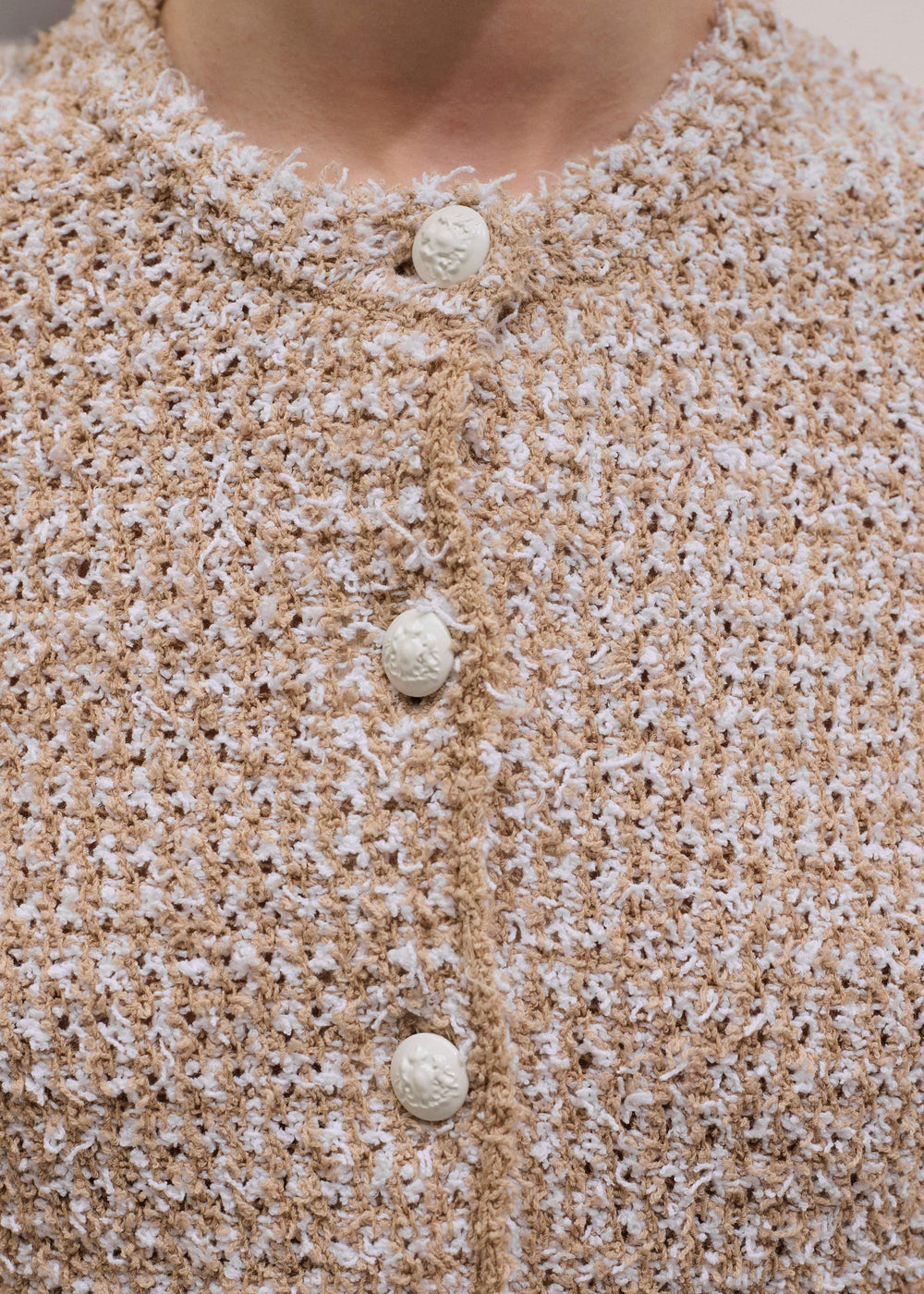 Cream Tweed Knit Pouf Shoulder Textured Crop Jacket