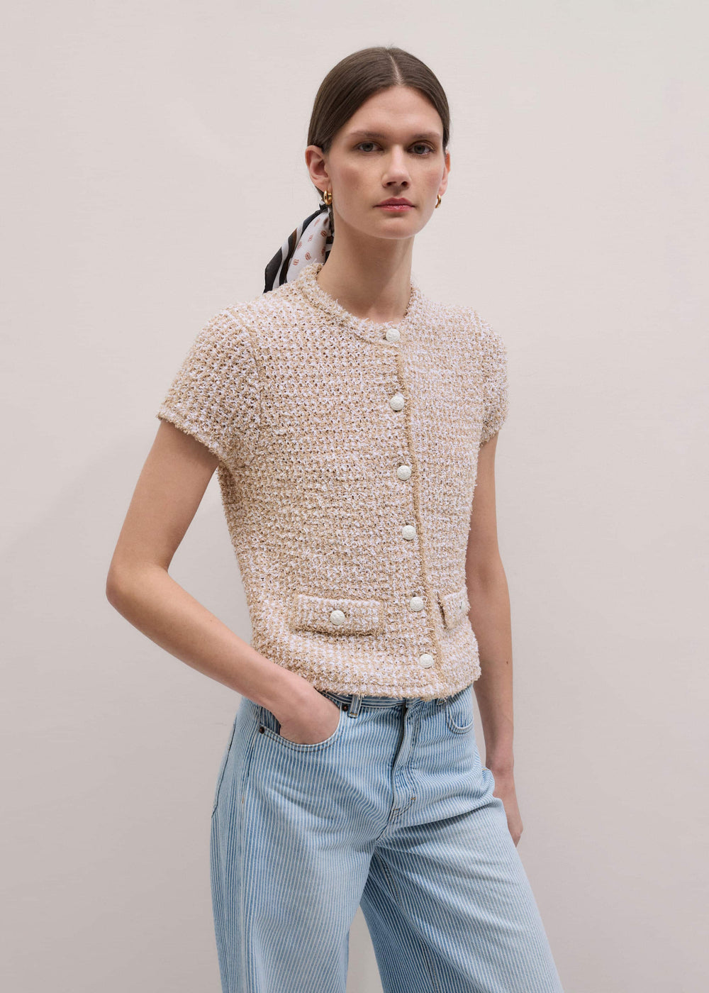 Cream Tweed Knit Pouf Shoulder Textured Crop Jacket