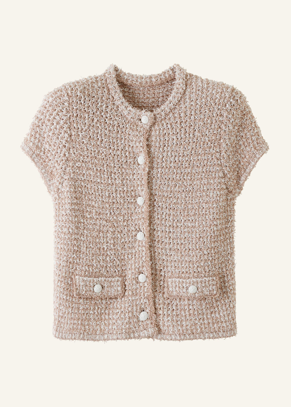 Cream Tweed Knit Pouf Shoulder Textured Crop Jacket