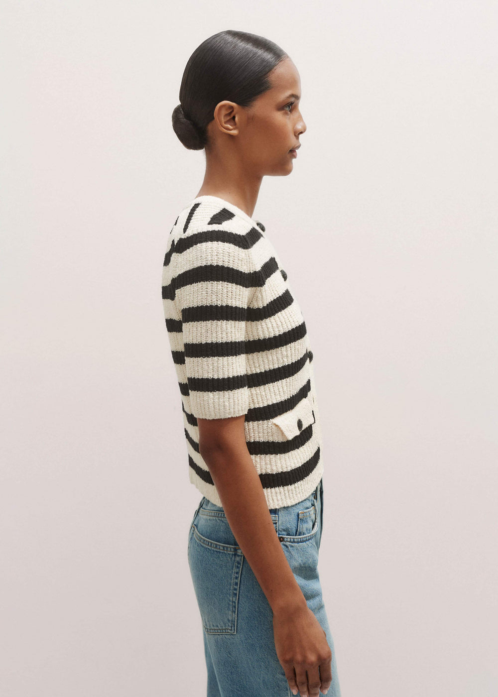 Cream Bouclé Stripe Short Sleeve Cardigan