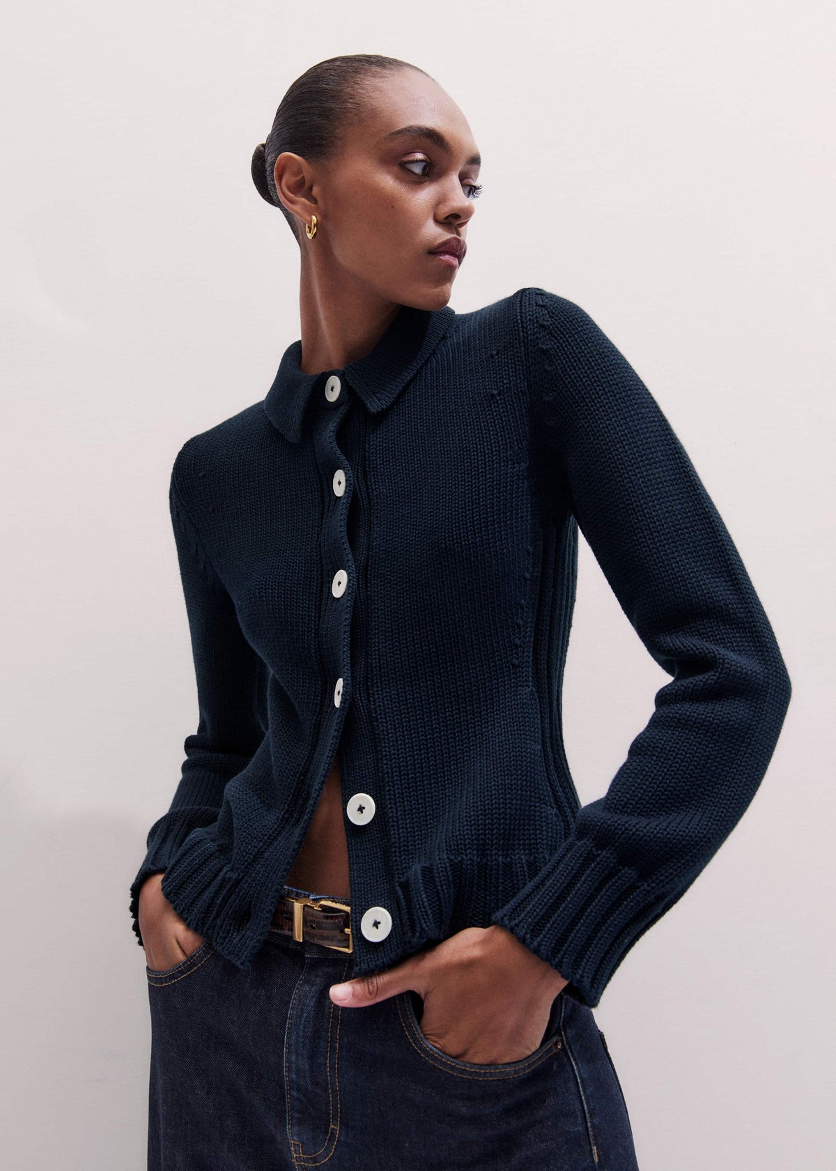 Navy Slim Collared Cardigan
