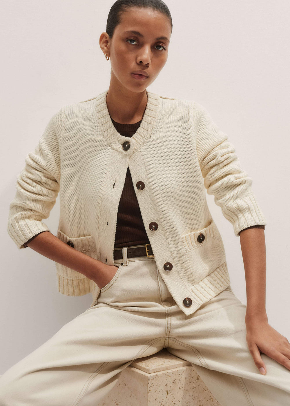 Cream Bracelet Sleeve Cropped Cardigan