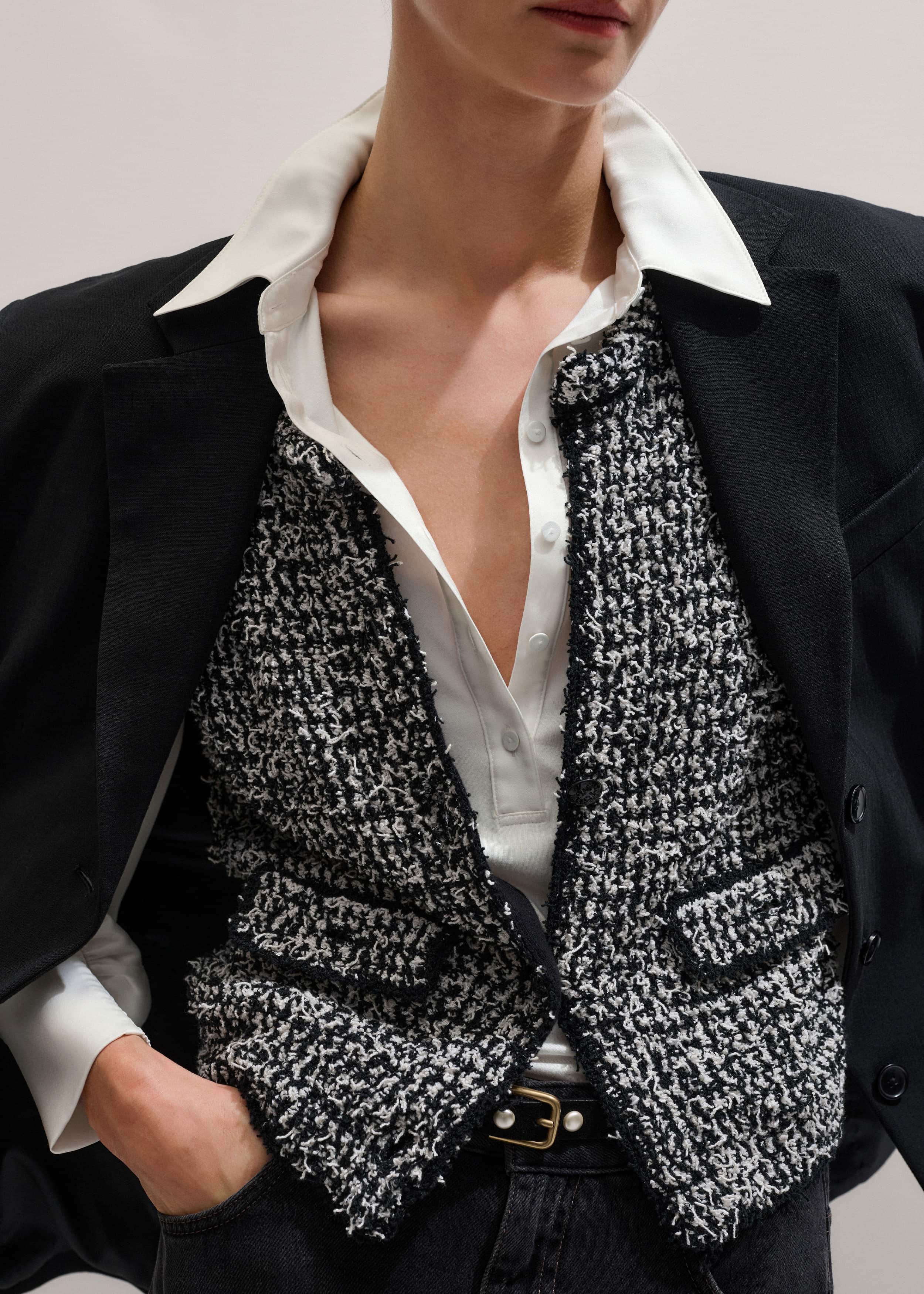 Black Tweed Knit Pouf Sleeve Crop Jacket