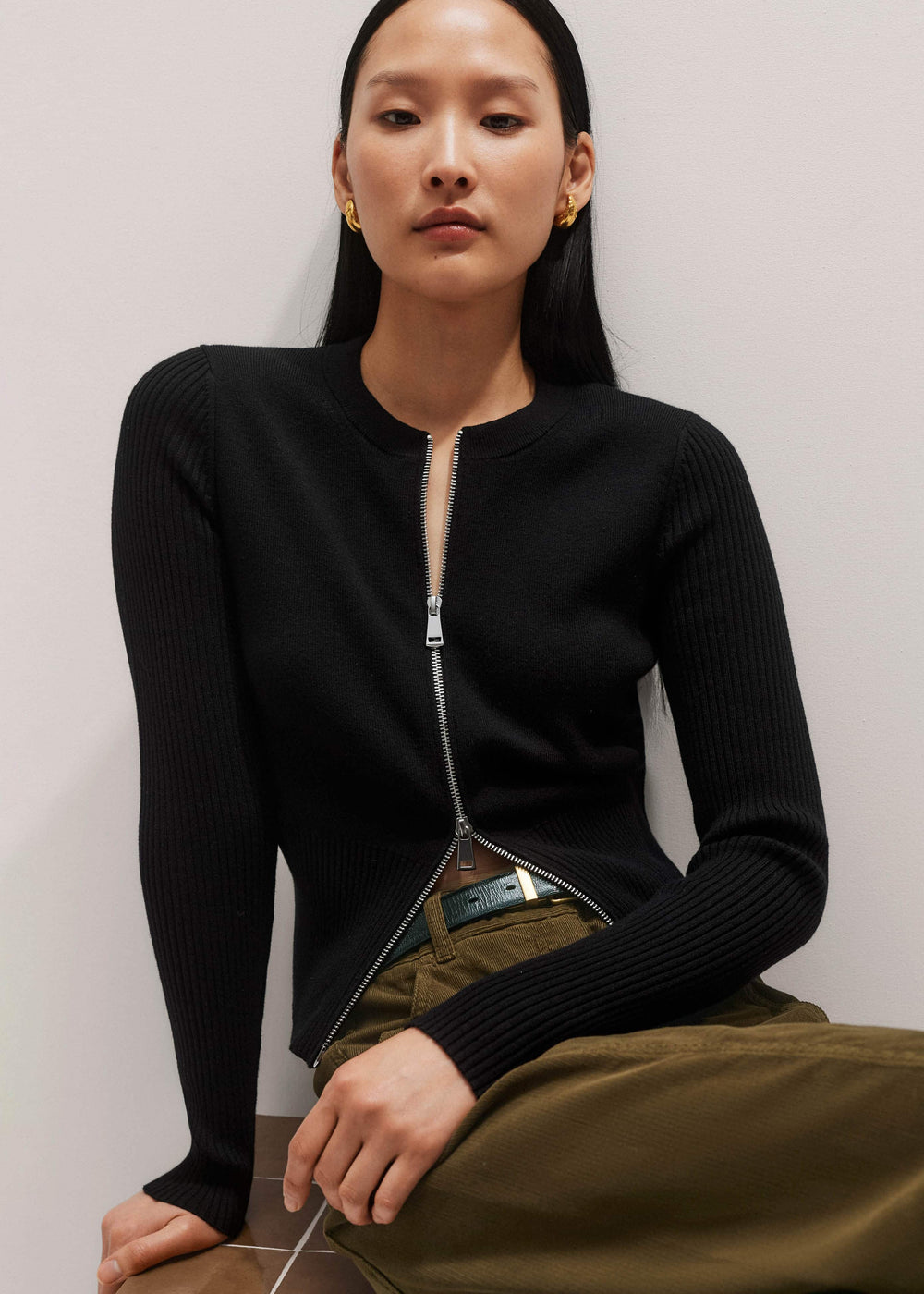 Black Milano Knit Two-Way Zip Cardigan