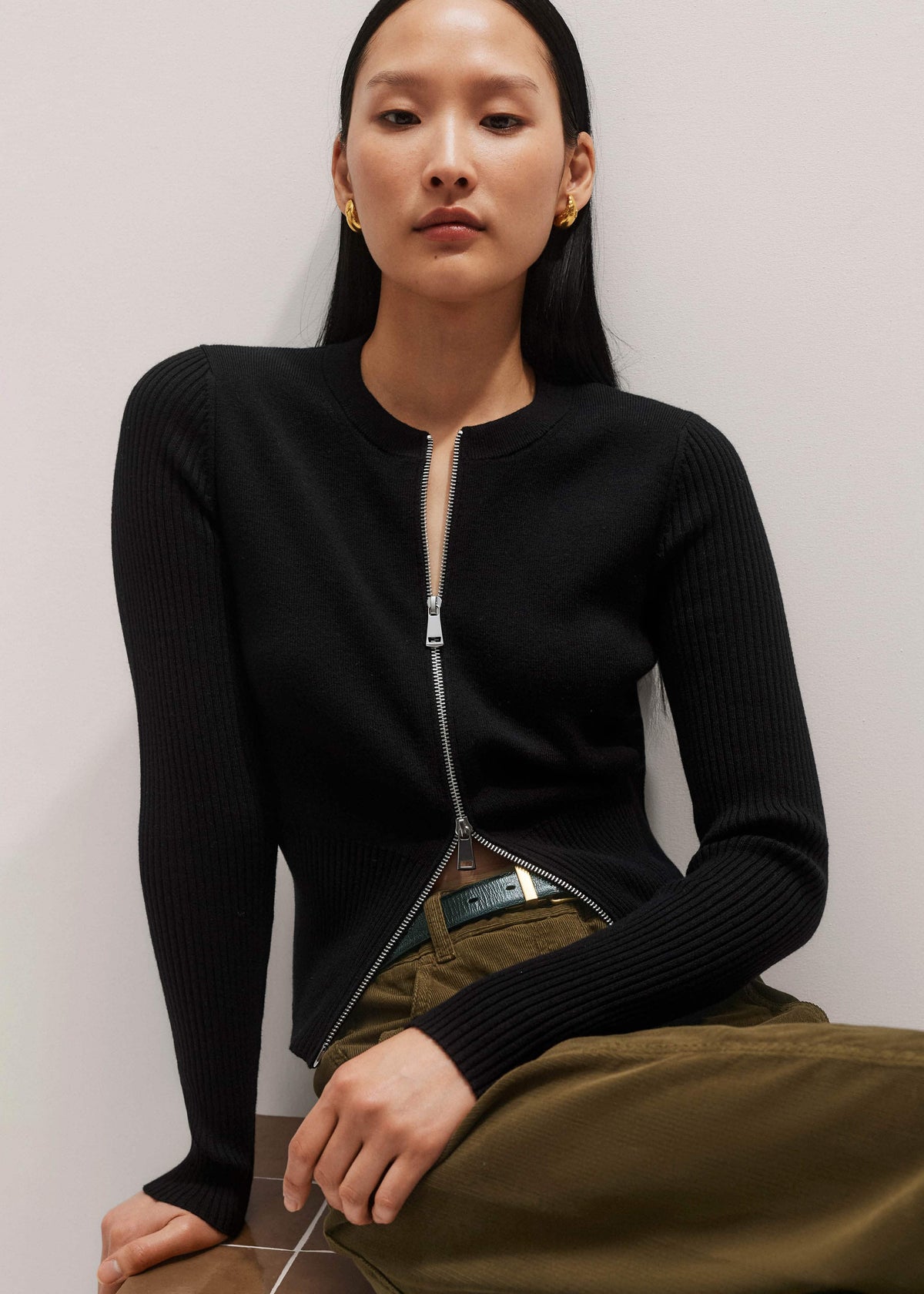 Black Milano Knit Two-Way Zip Cardigan