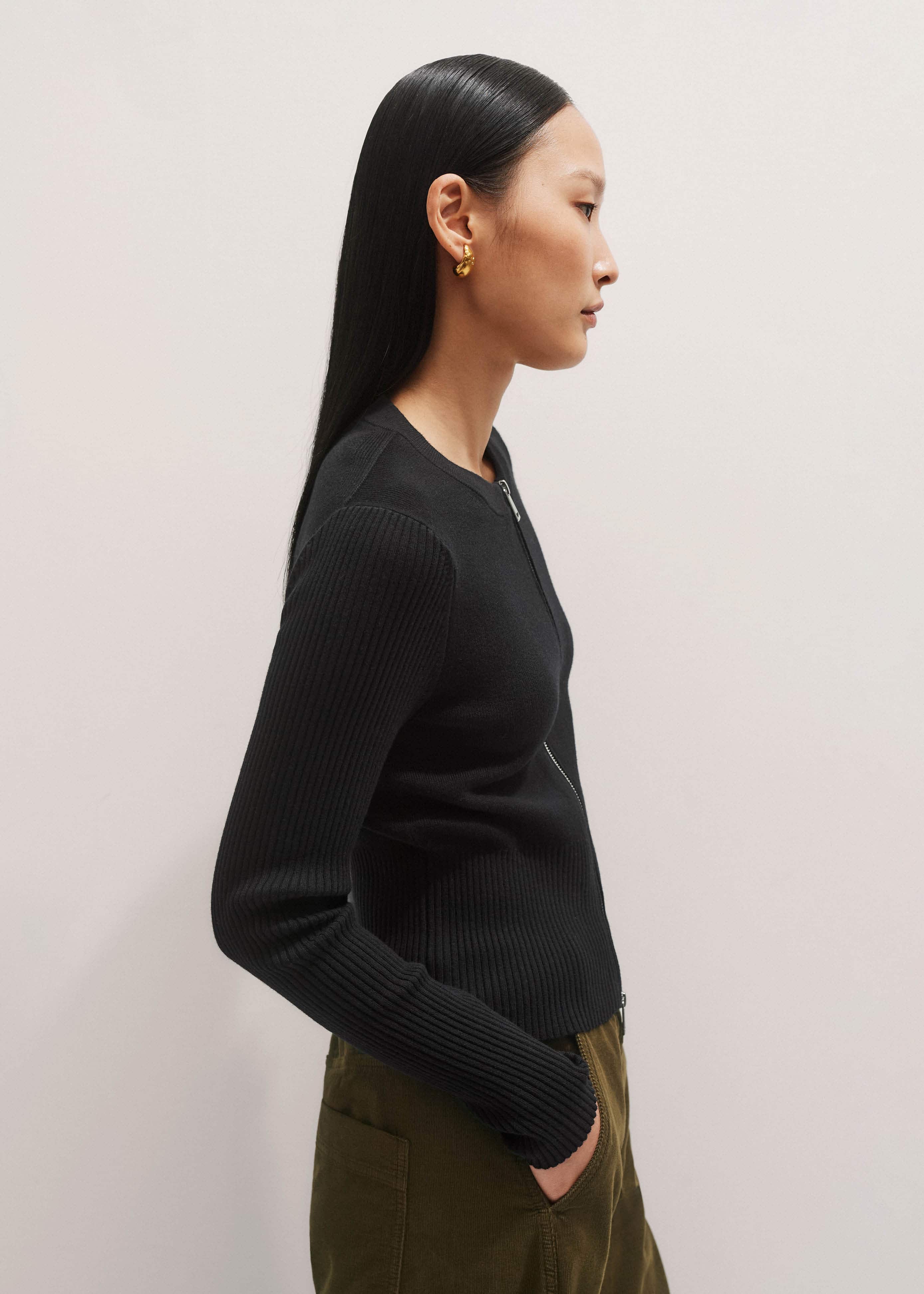 Black Milano Knit Two-Way Zip Cardigan