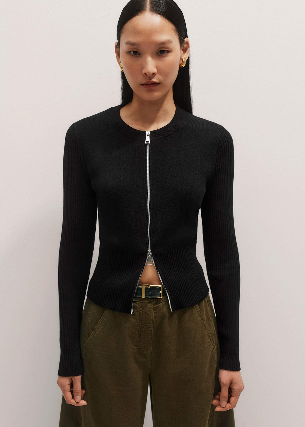 Black Milano Knit Two-Way Zip Cardigan