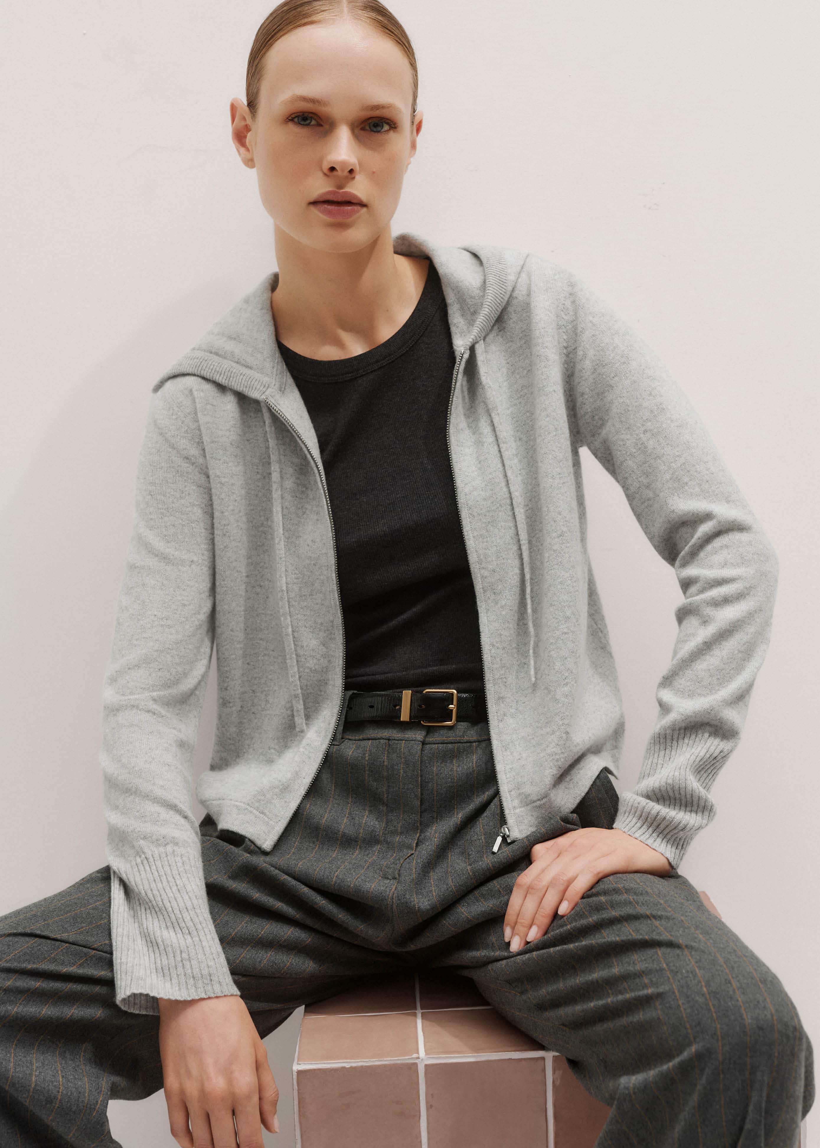 Silver Gray Mélange Cashmere Relaxed Fit Box Zip Hoodie