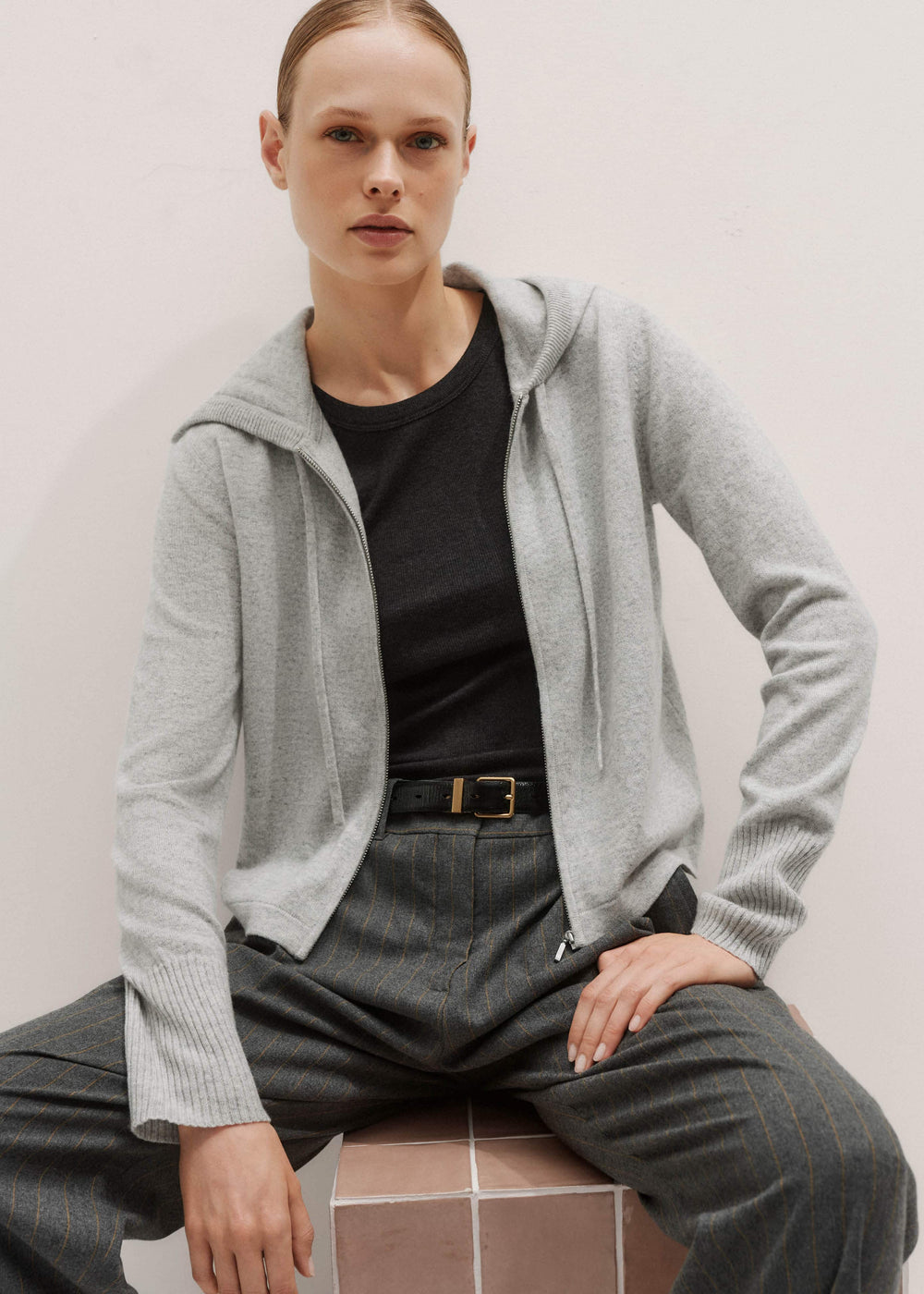 Silver Gray Mélange Cashmere Relaxed Fit Box Zip Hoodie