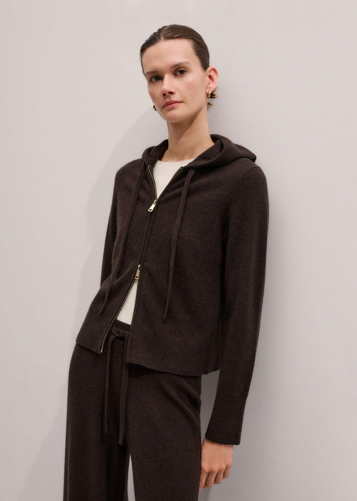 Brown Cashmere Two Way Zip Straight Hoodie