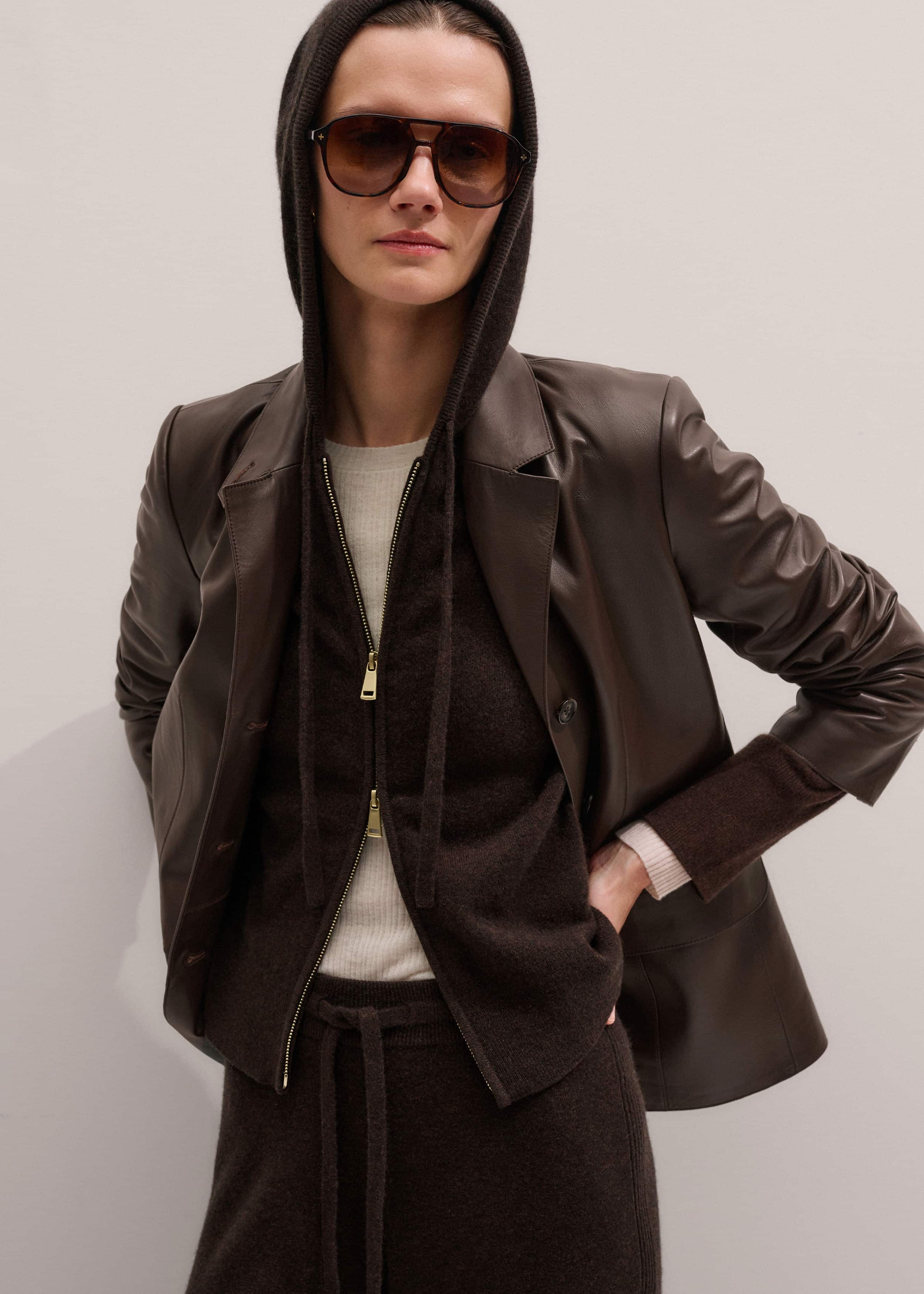 Brown Cashmere Two Way Zip Straight Hoodie