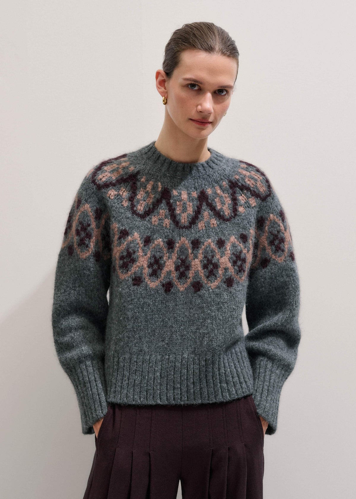 Gray Fairisle Jacquard Relaxed Sweater + Snood