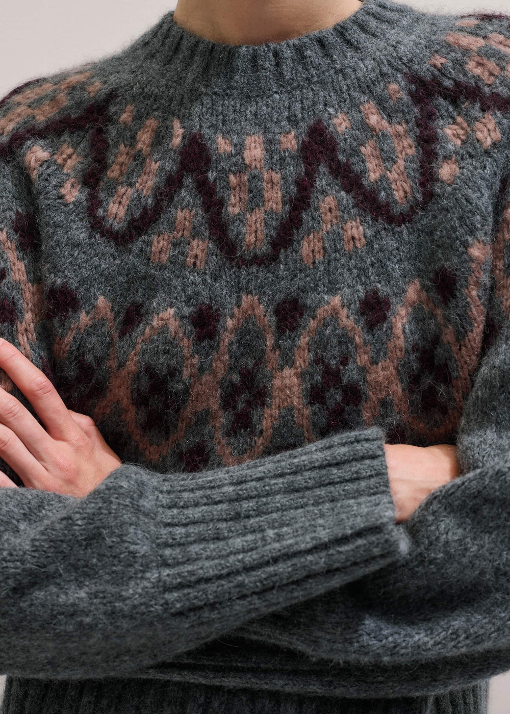 Gray Fairisle Jacquard Relaxed Sweater + Snood
