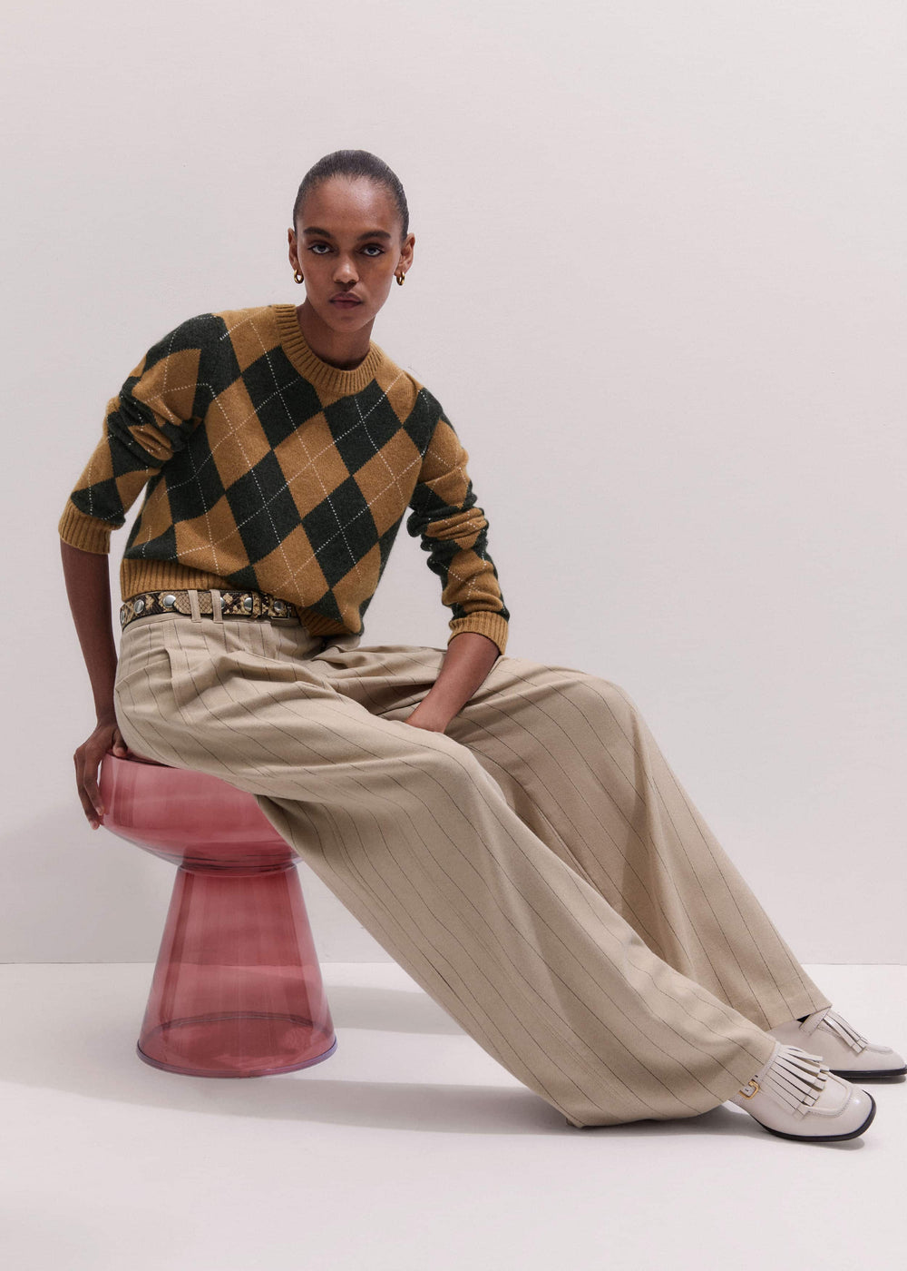 Brown Cashmere Relaxed Argyle Sweater
