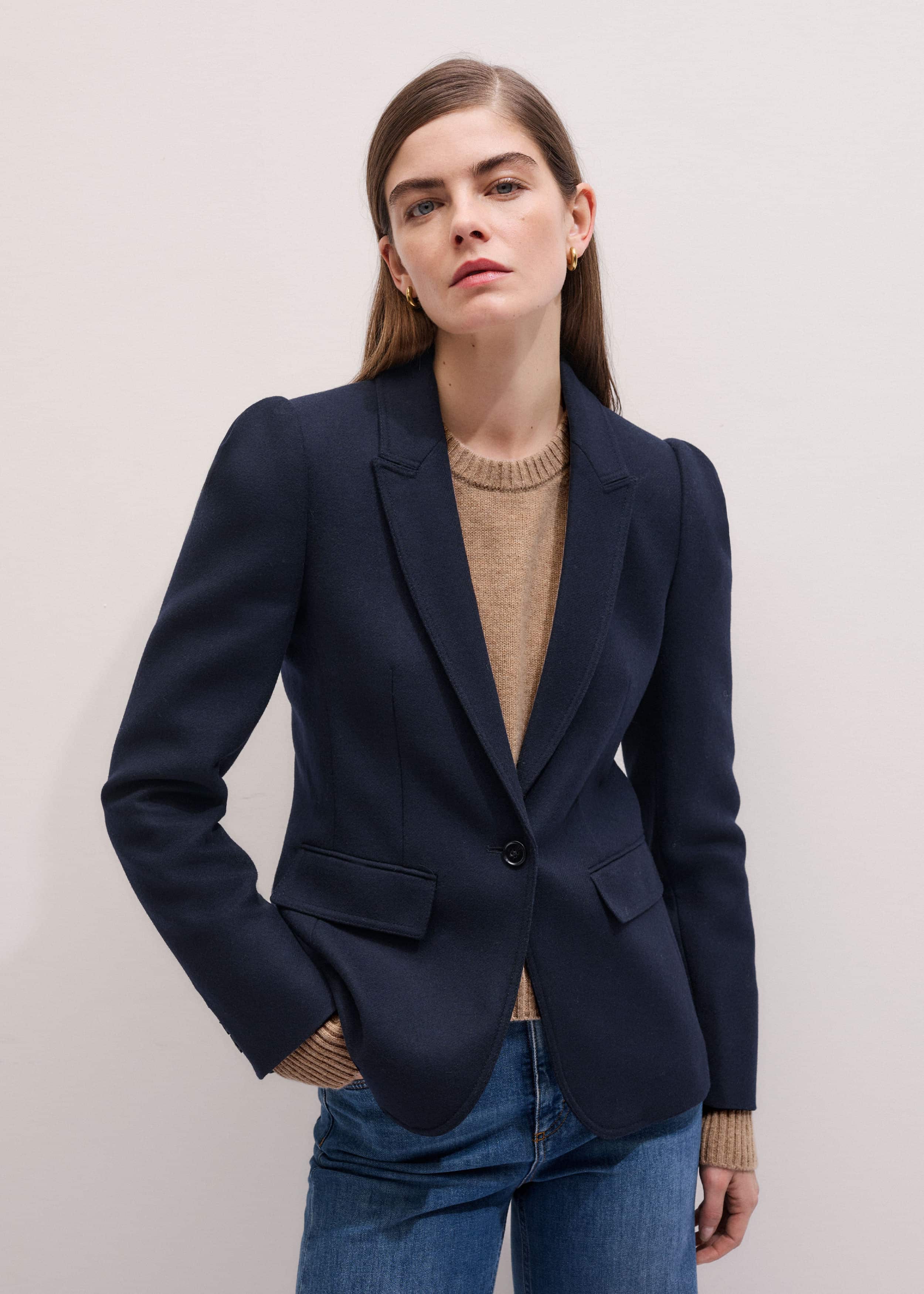 Navy Feminine Sleeve Fitted Blazer