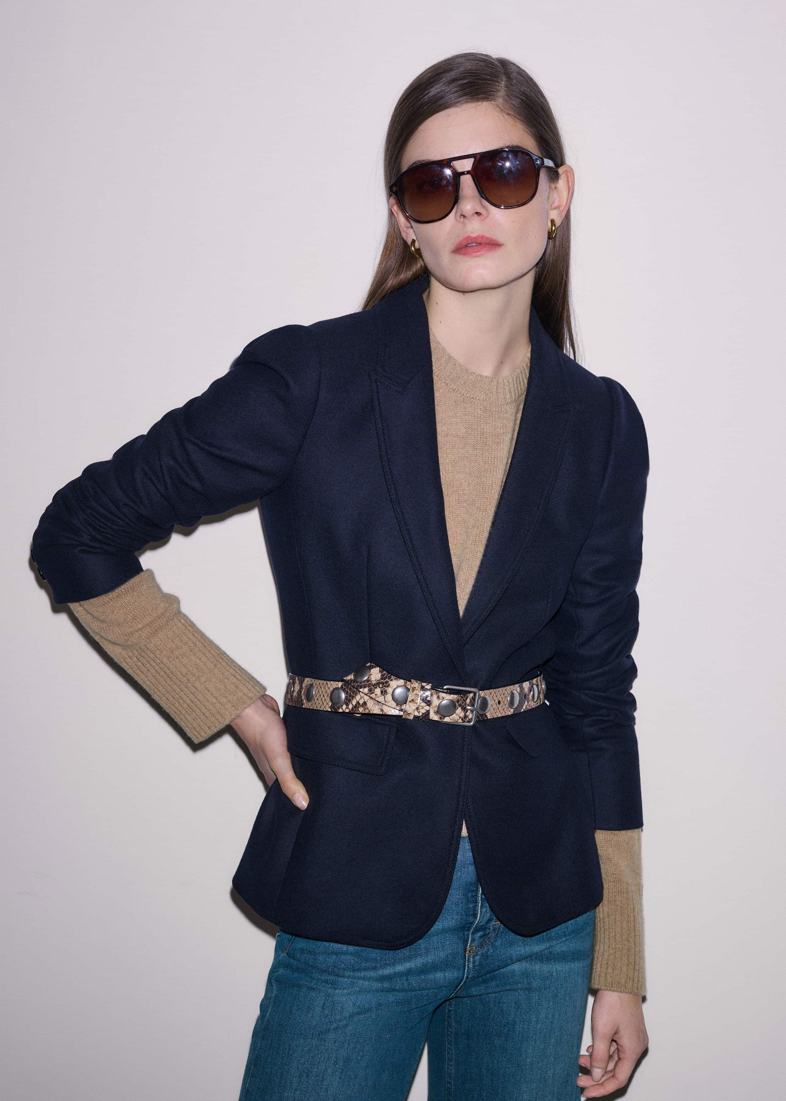 Navy Feminine Sleeve Fitted Blazer