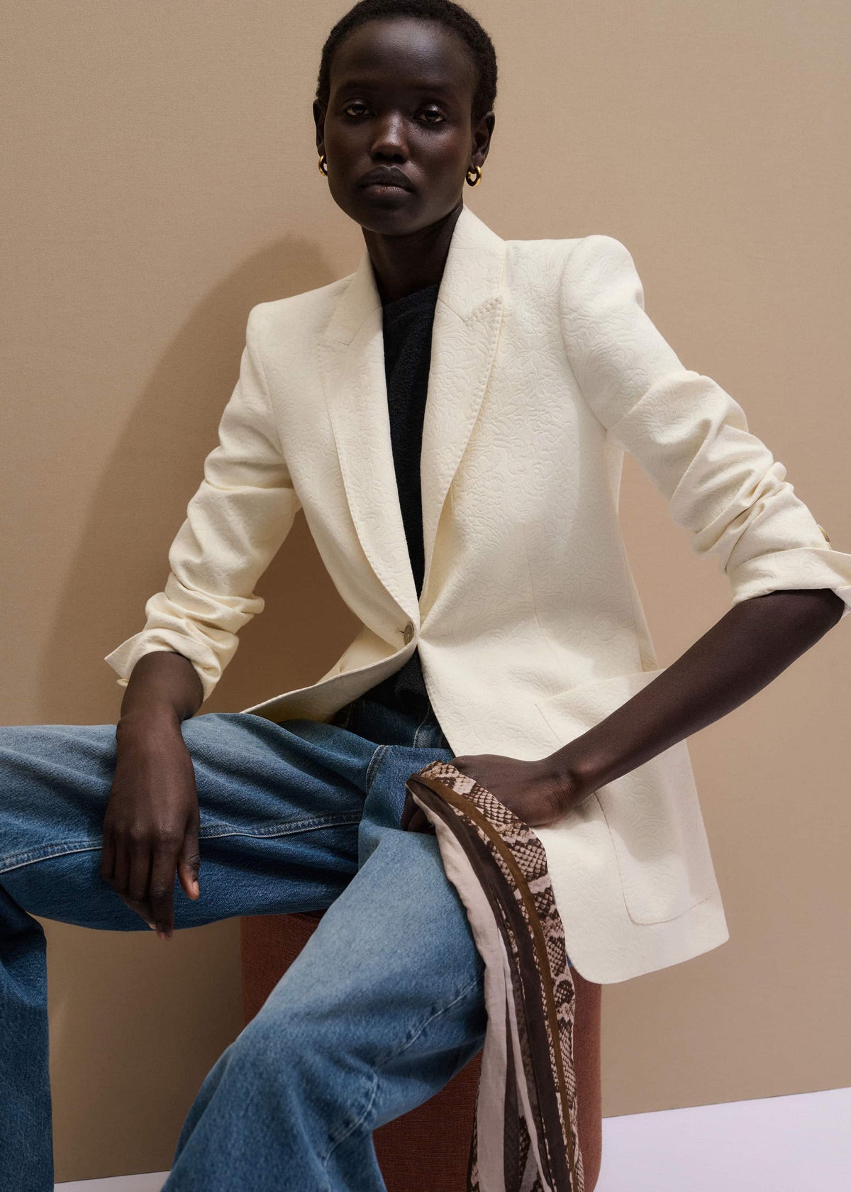 Ivory Luxe Jacquard Sharp Shoulder Blazer