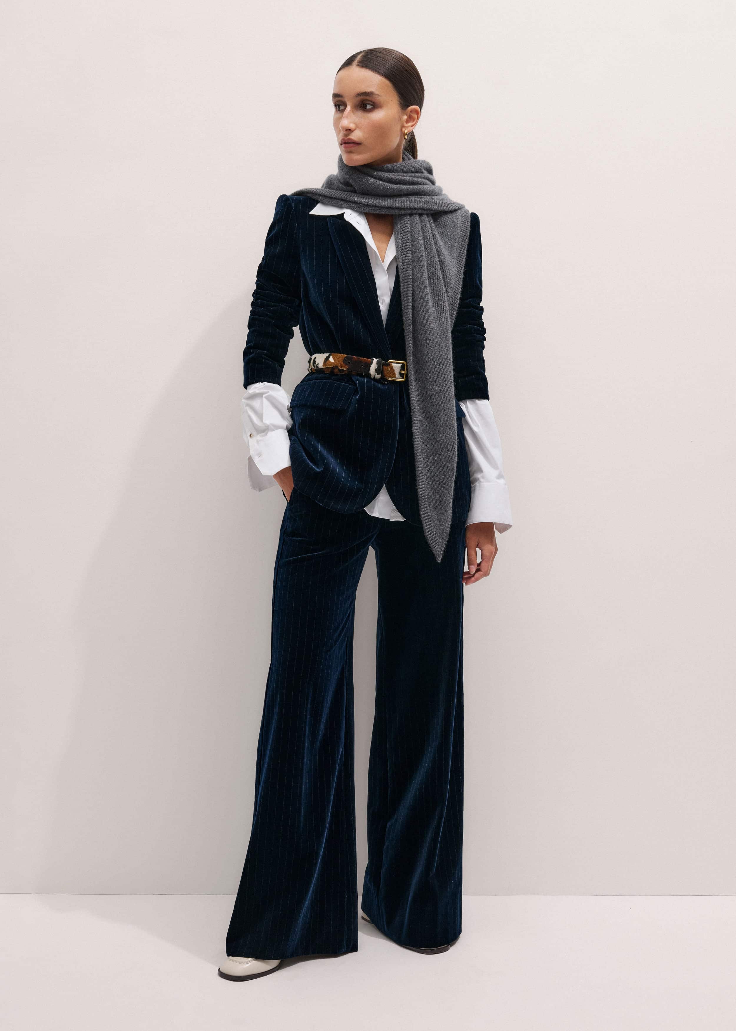 Navy Pinstripe Velvet Sharp Shoulder Blazer