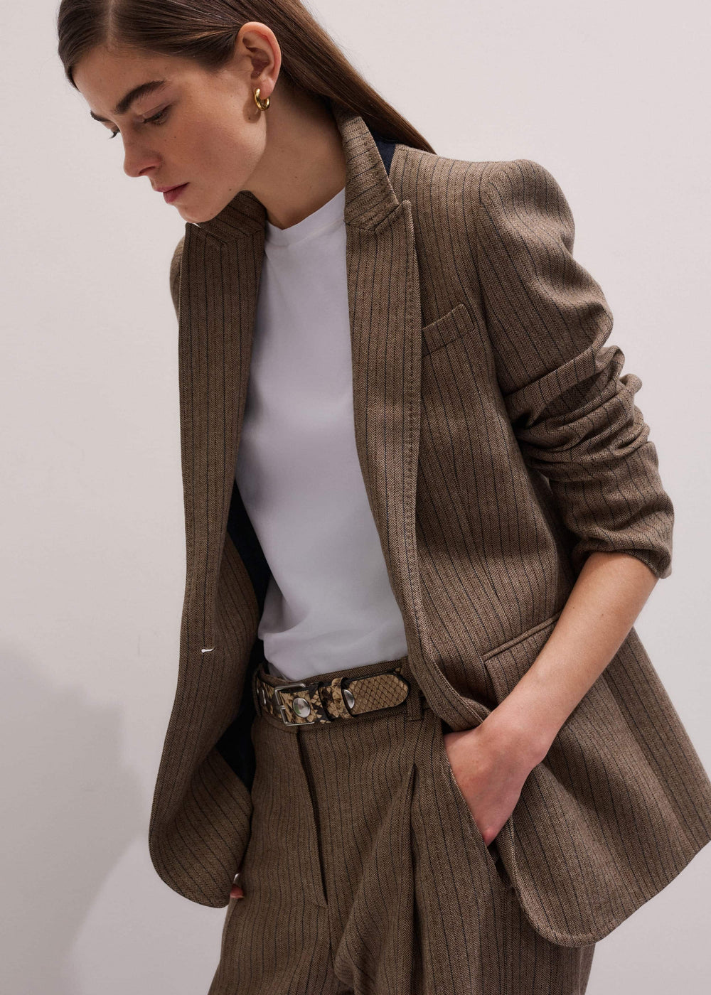 Mocha Brown Pinstripe Sharp Shoulder Blazer