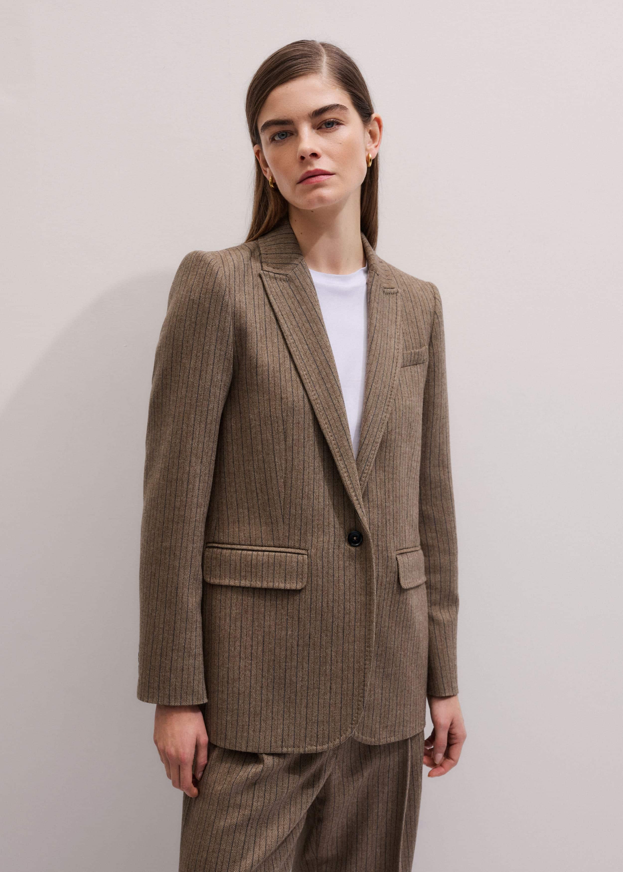 Mocha Brown Pinstripe Sharp Shoulder Blazer
