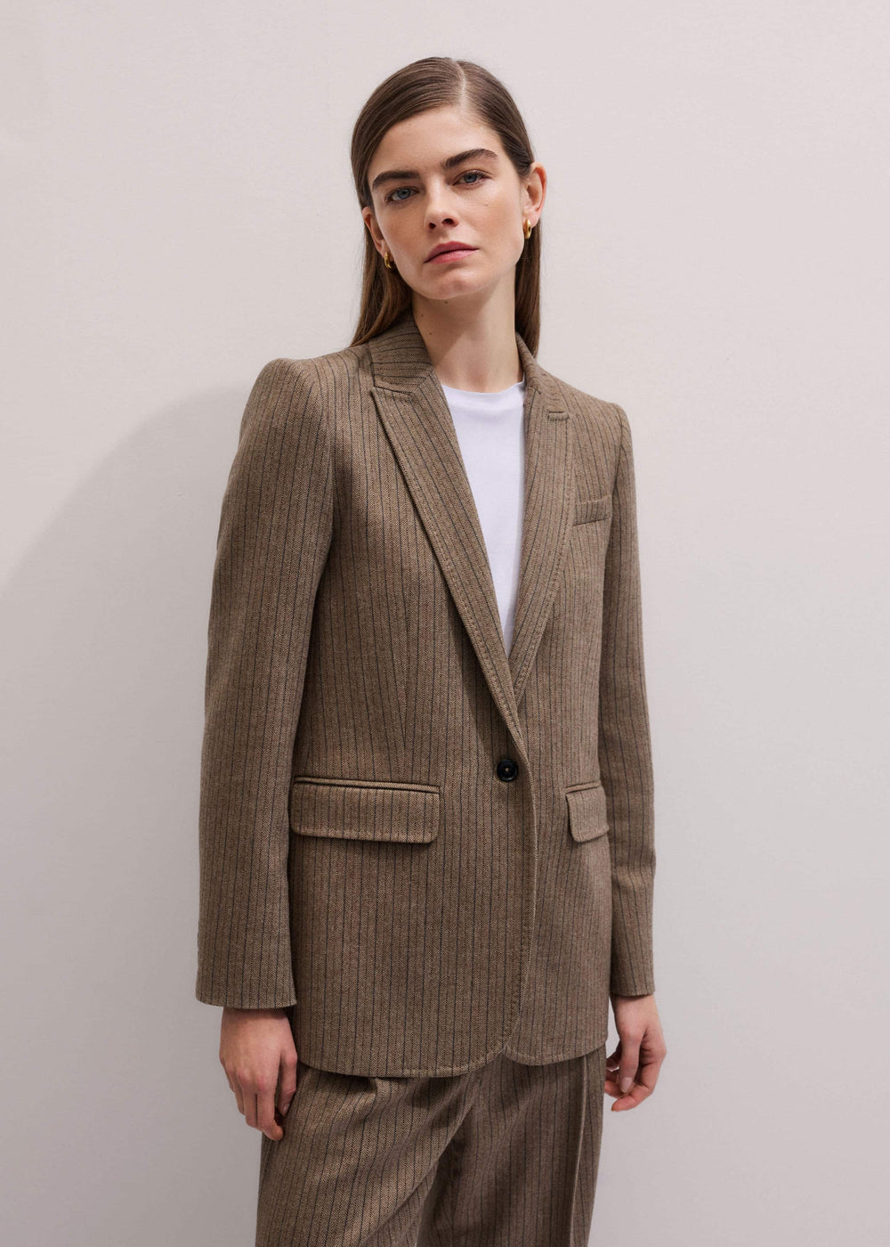 Mocha Brown Pinstripe Sharp Shoulder Blazer