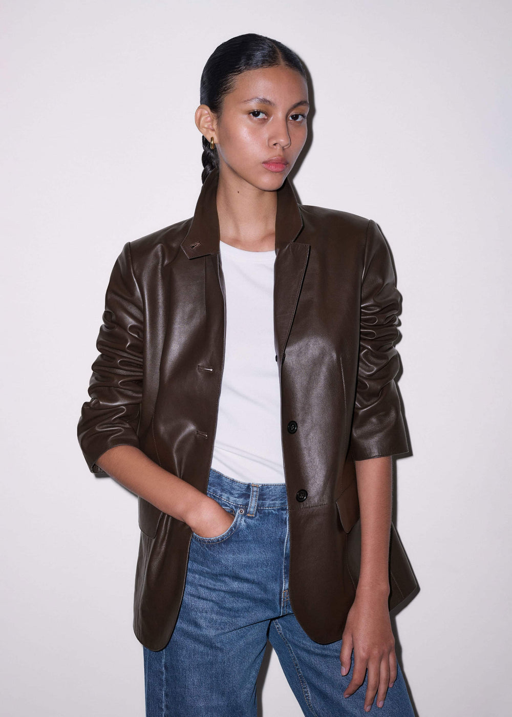 Brown Leather Luxe Relaxed Boyfriend Blazer