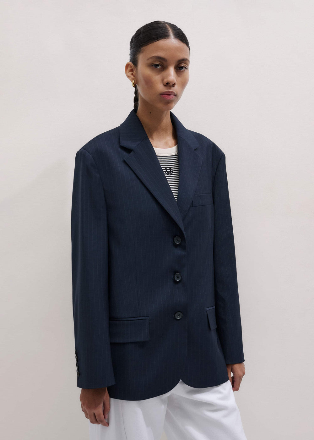 Navy Pinstripe Oversized Blazer