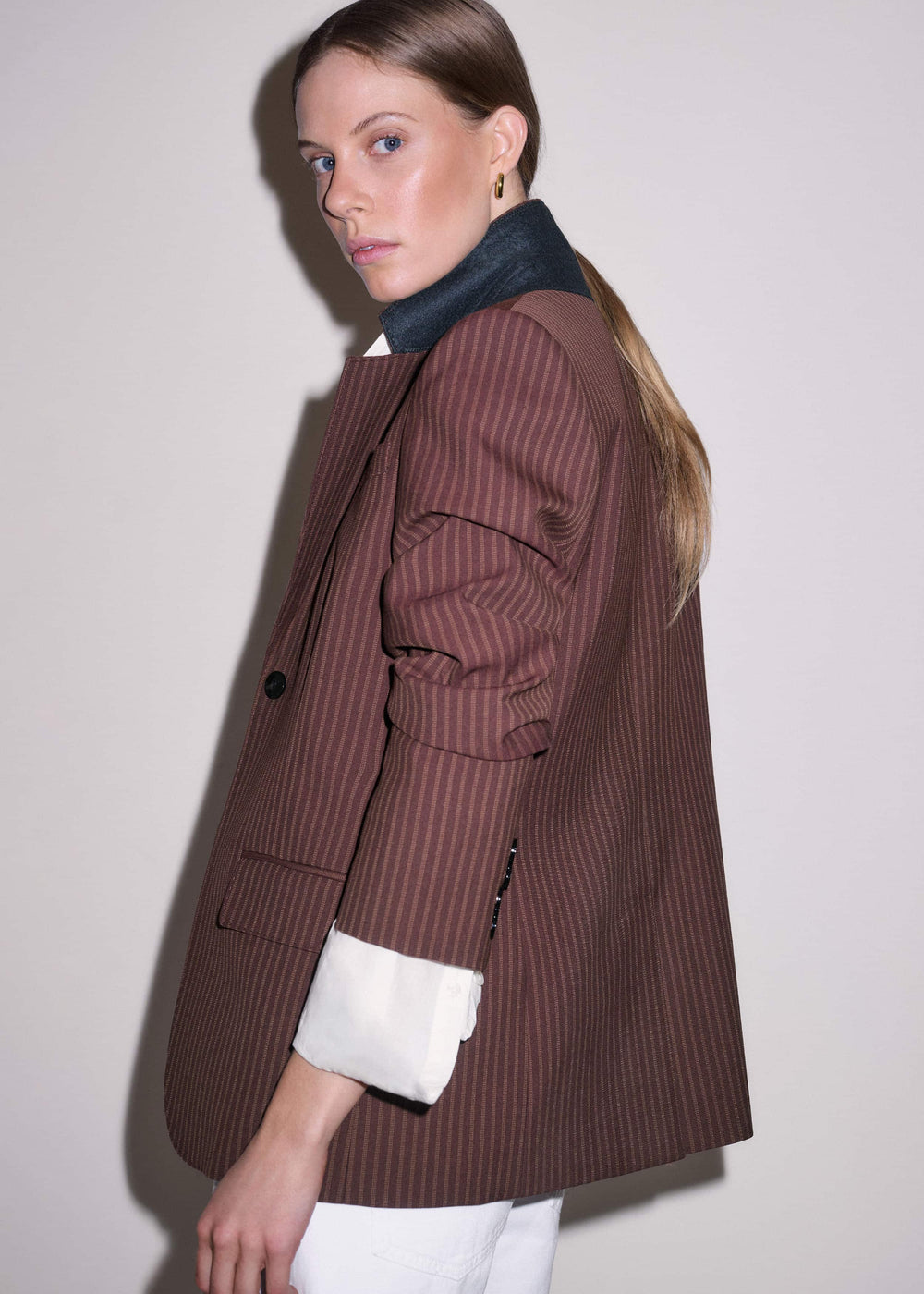 Cinnamon Pinstripe Sharp Shoulder Contour Blazer