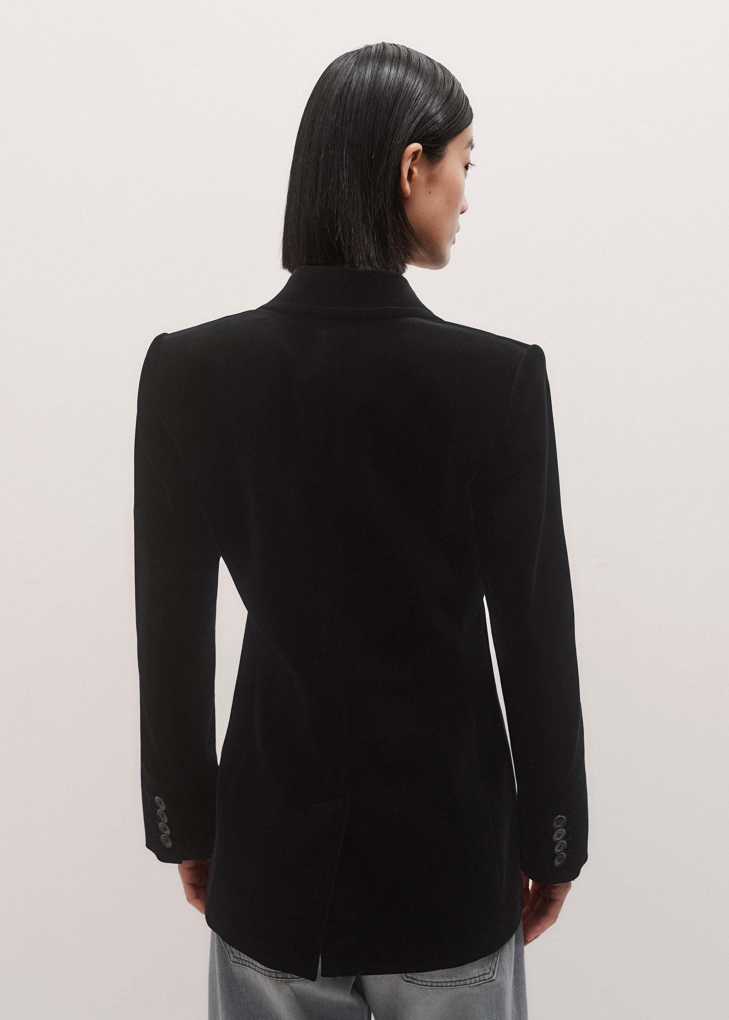 Black Stretch Velvet Sharp Shoulder Blazer