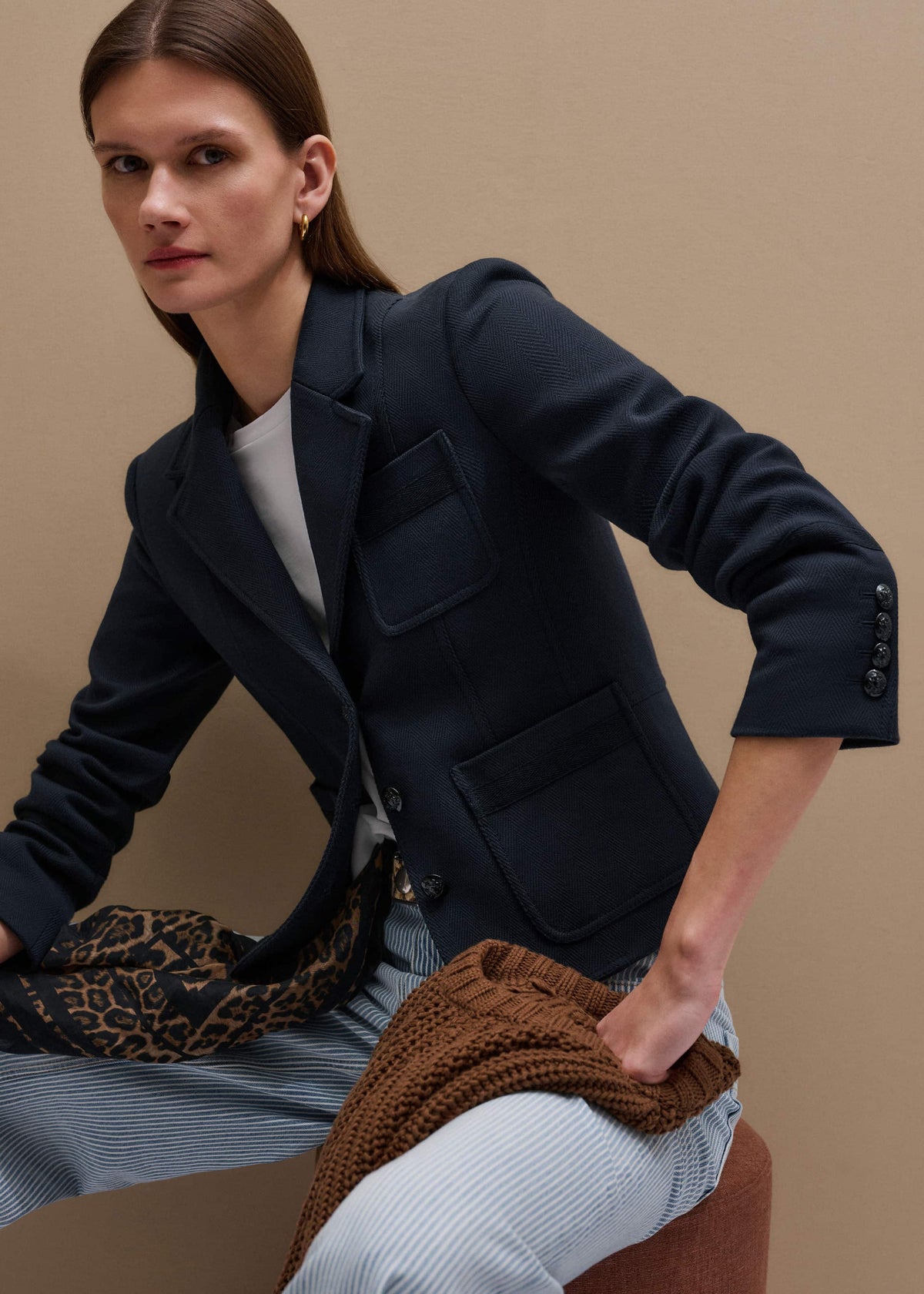 Navy Herringbone Fitted Crop Jacket